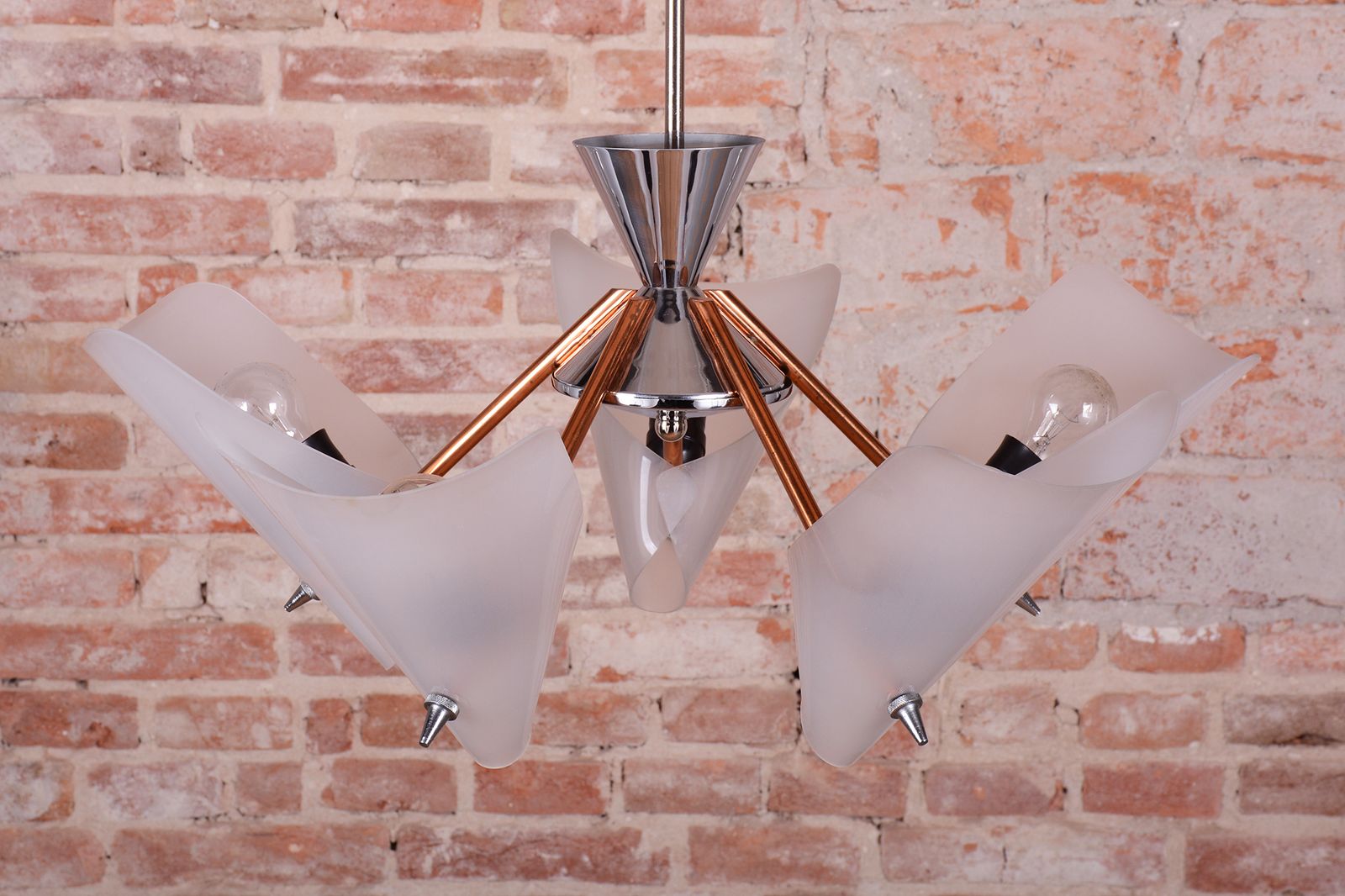 Restored Mid Century Chandelier, By Drukov, Copper, Chrome, Czech, 1960s photo for sale