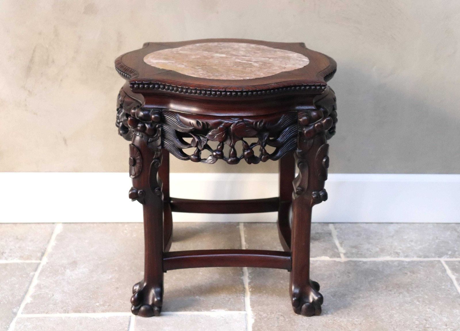 Carved Wood Plant Stand, Marble Top, Asian Style Accent Table (St.275)