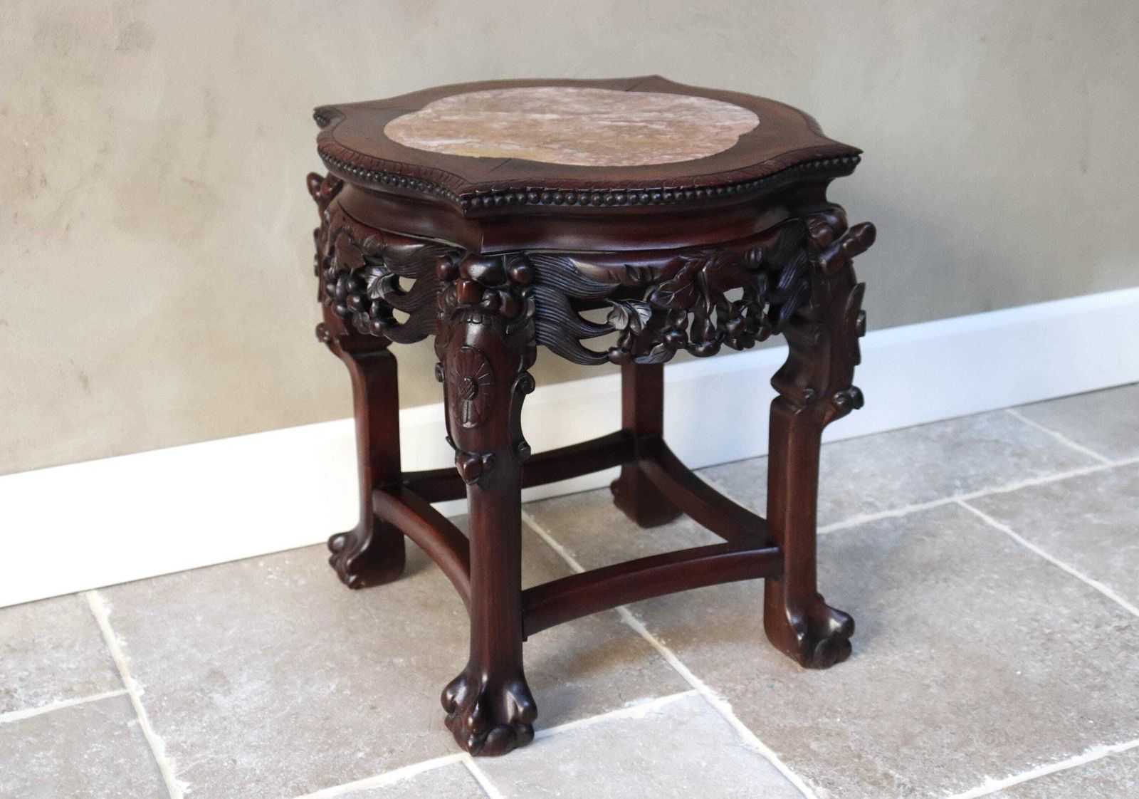 Carved Wood Plant Stand, Marble Top, Asian Style Accent Table (St.275) photo furniture