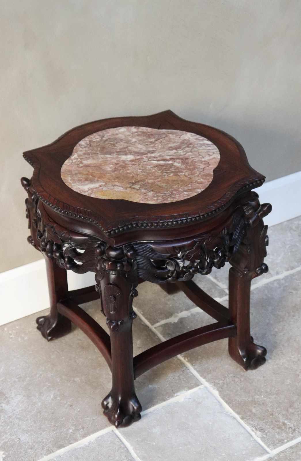 Carved Wood Plant Stand, Marble Top, Asian Style Accent Table (St.275) photo Home Decor