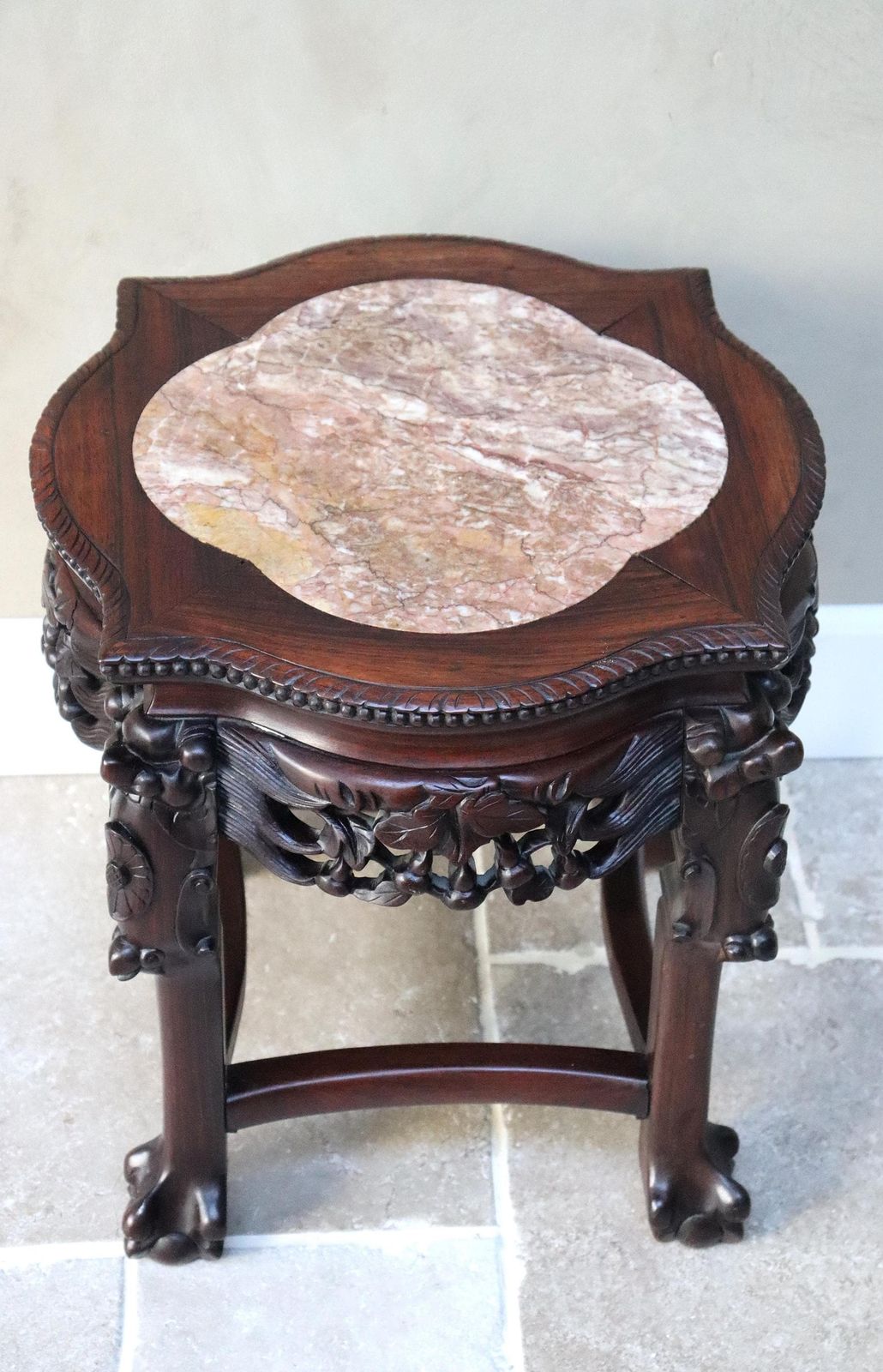Carved Wood Plant Stand, Marble Top, Asian Style Accent Table (St.275) photo 449.0