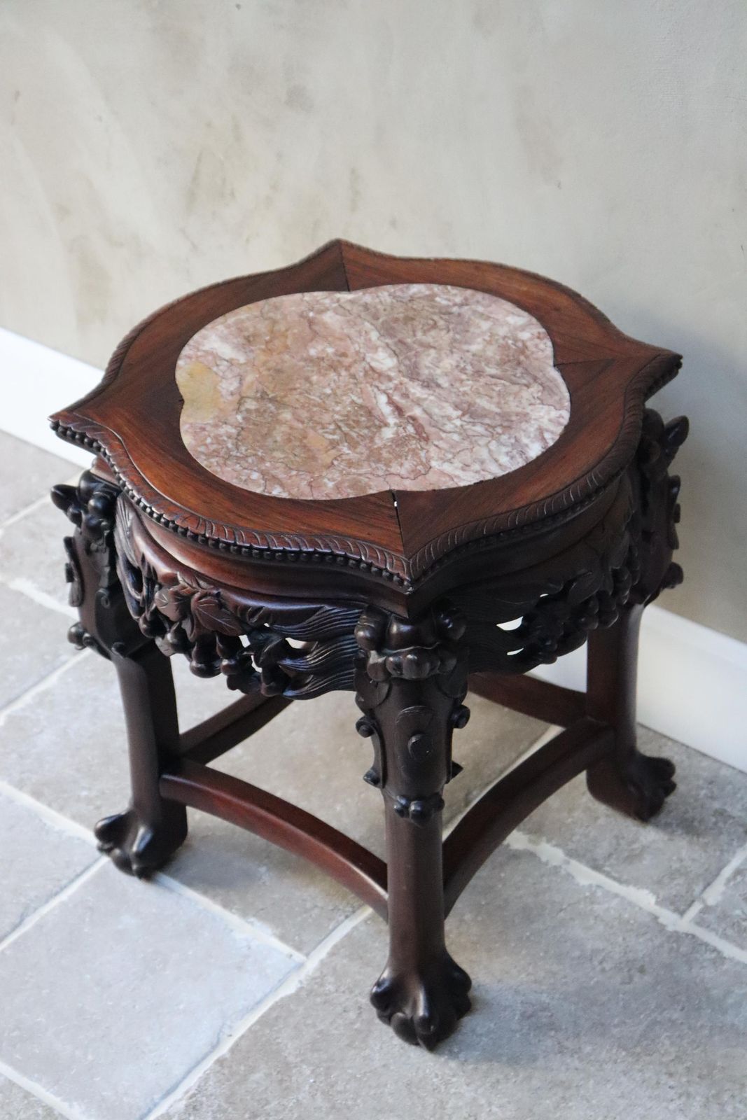 Carved Wood Plant Stand, Marble Top, Asian Style Accent Table (St.275) photo vinterior