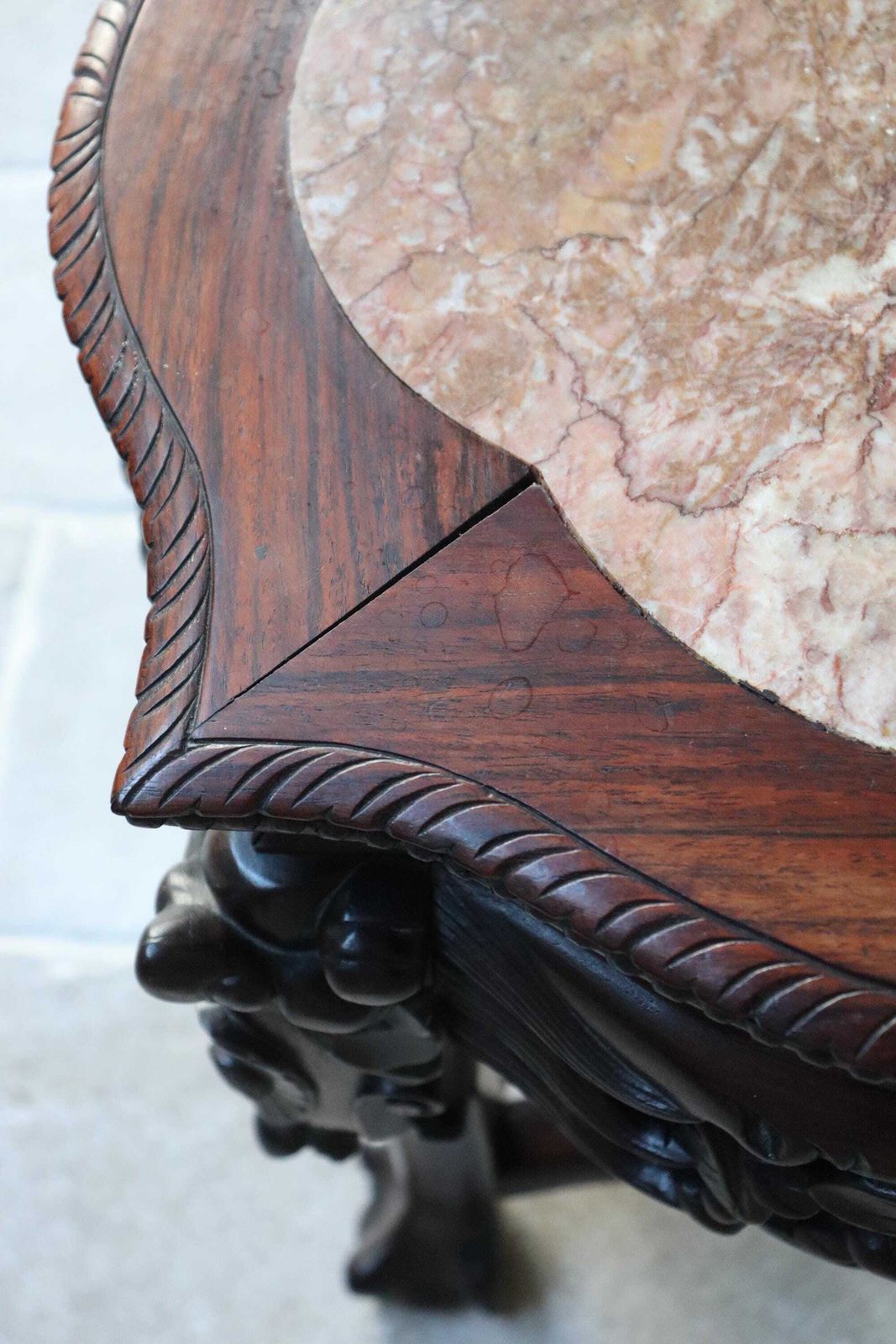 photo vinterior Carved Wood Plant Stand, Marble Top, Asian Style Accent Table (St.275)