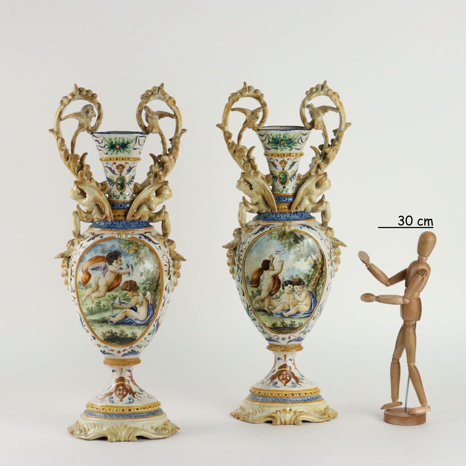 Antique Amphorae Majolica Grotesque Motifs XIX Century photo for sale