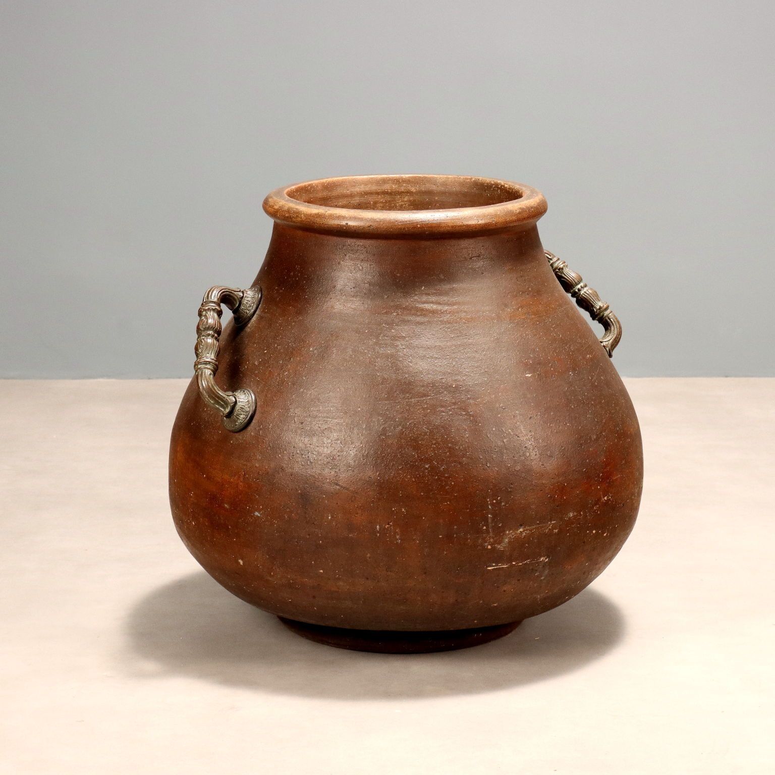 Antique Terracotta Jar Bronze Finished Handles XX Century