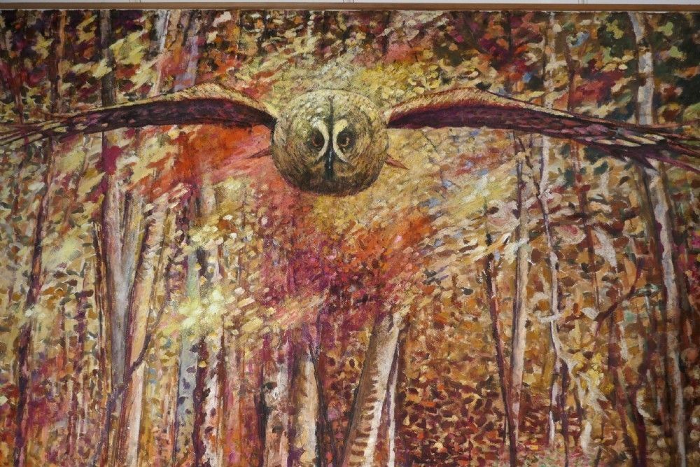 Large Oil/Acrylic On Canvas, Owl Flying Out Of The Woods At Dusk photo vinterior