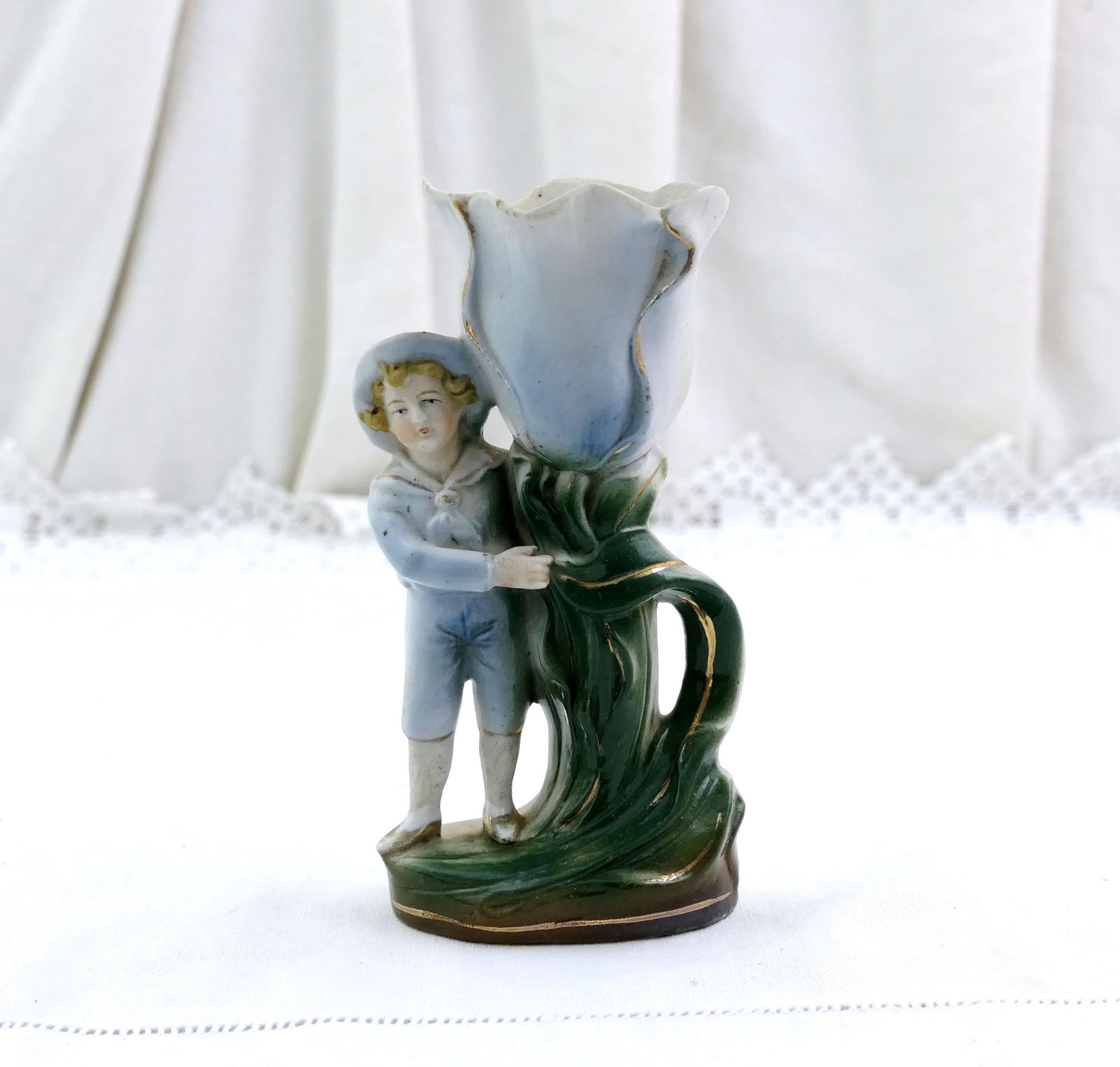 Antique German Bisque Porcelain China Figurine Boy With Large Tulip Flower Vase #2189, Retro Late Victorian Ceramic Collectible Germany
