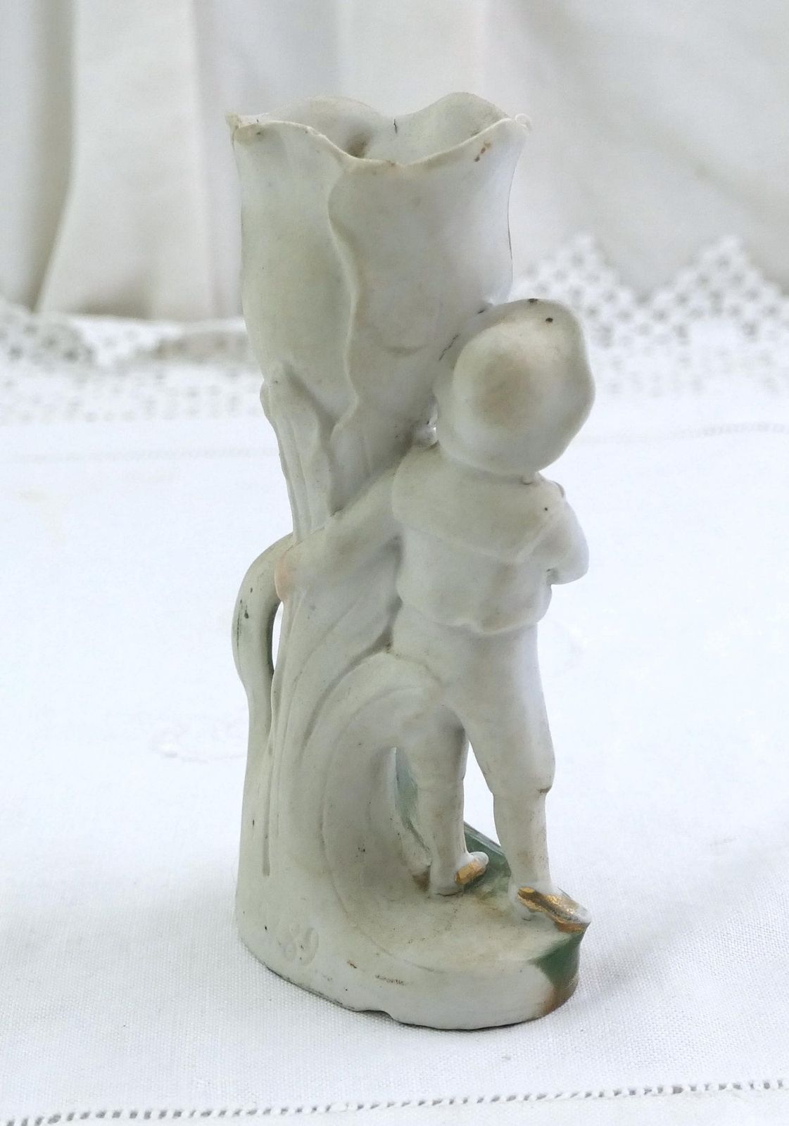 Antique German Bisque Porcelain China Figurine Boy With Large Tulip Flower Vase #2189, Retro Late Victorian Ceramic Collectible Germany photo buy