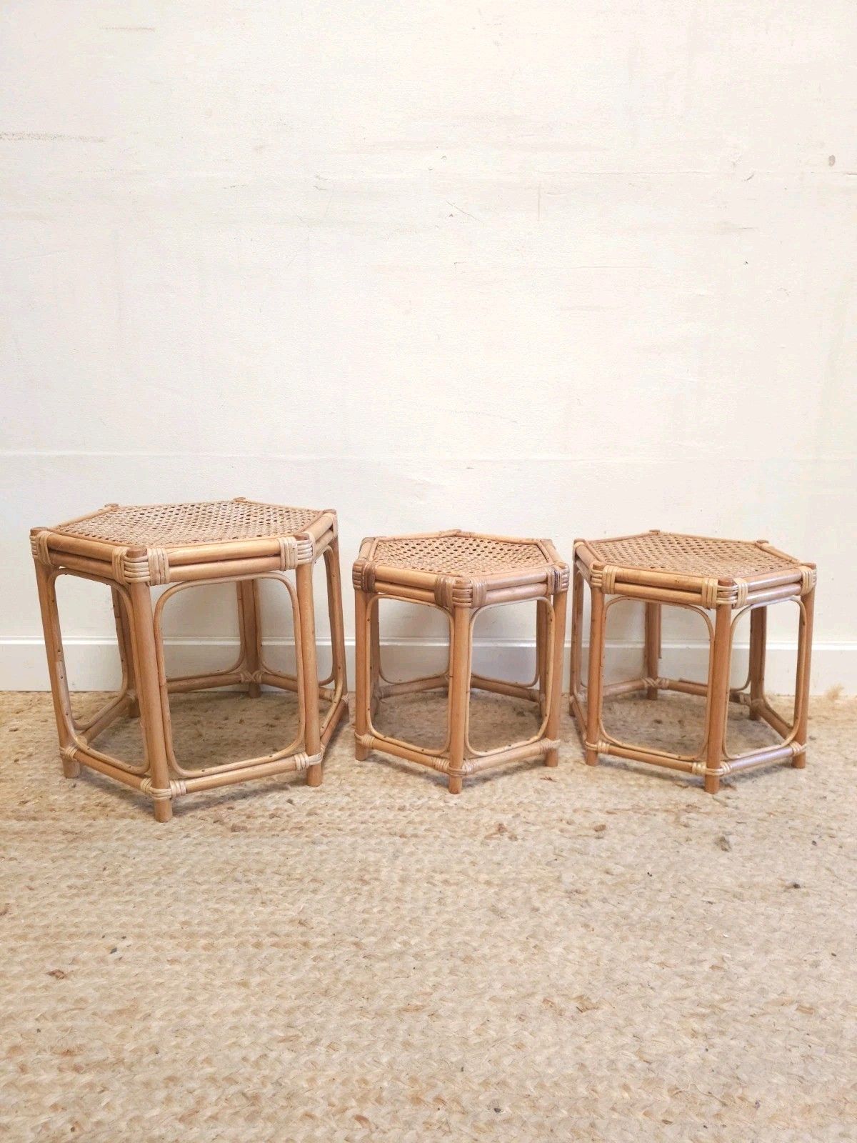Retro Bamboo Nest Of Coffee Tables Mid Century Original 1970s Vintage Delivery