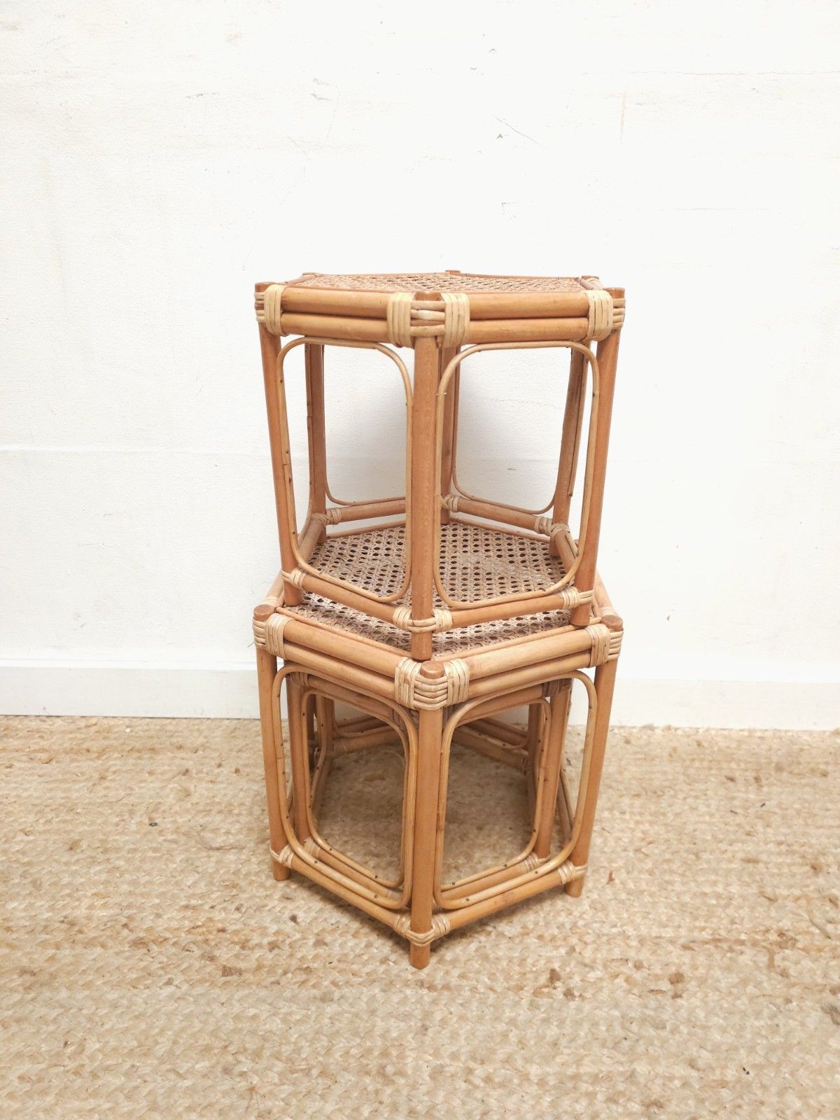 Retro Bamboo Nest Of Coffee Tables Mid Century Original 1970s Vintage Delivery photo vintage