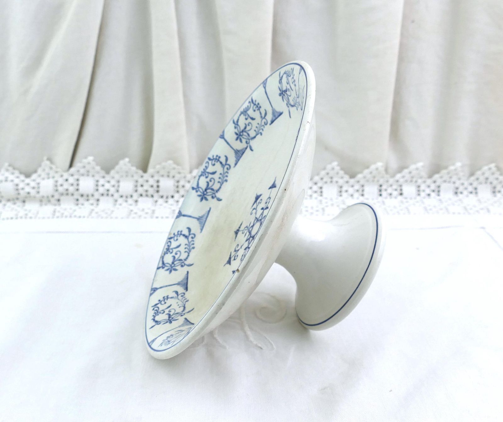 Antique French Blue And White China Compote Dish Moulin Des Loups Saxe Model, Vintage Victorian Pottery Pedestal Footed Bowl Cake Stand photo Home Decor