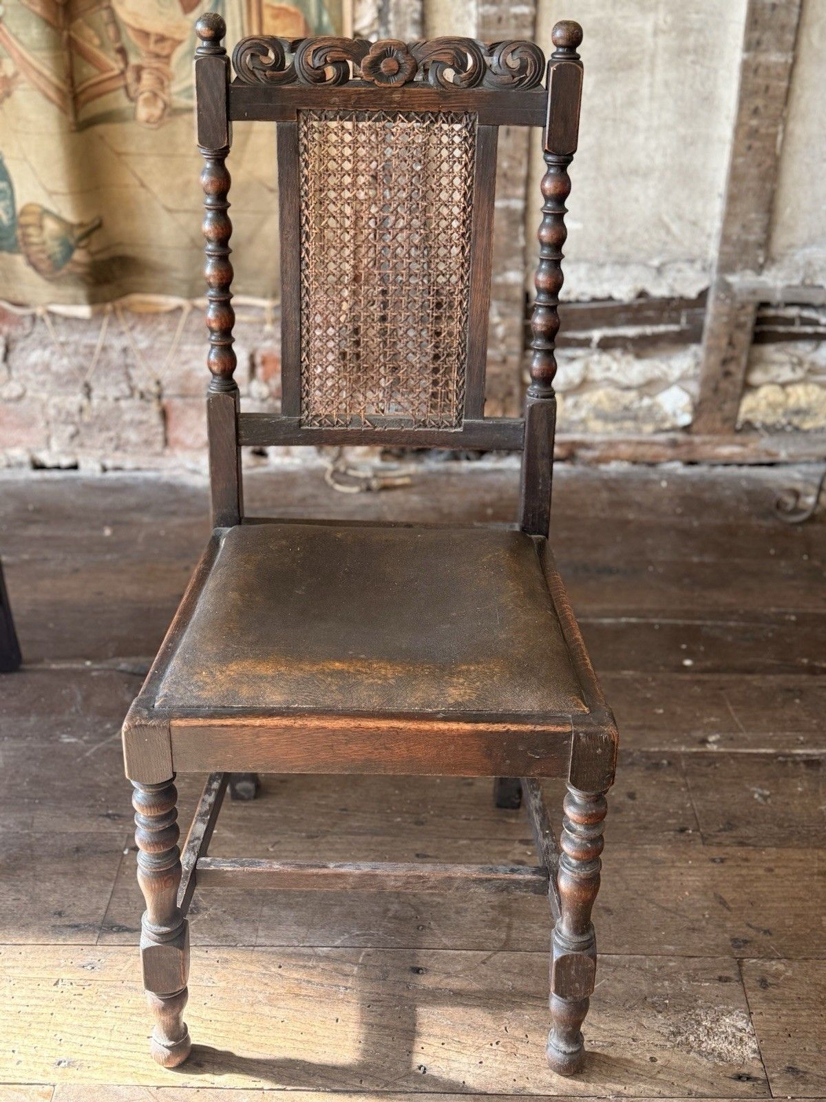 Pair Antique Oak Drop In Brown Leather Cane William And Mary Chairs Chair  X  2 photo 349.0