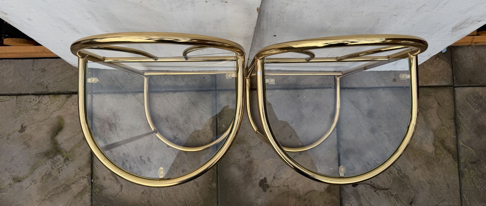 Elegant Pair Of 80s Art Deco Brass & Glass Top Bedside / Side Tables   Great Condition photo furniture