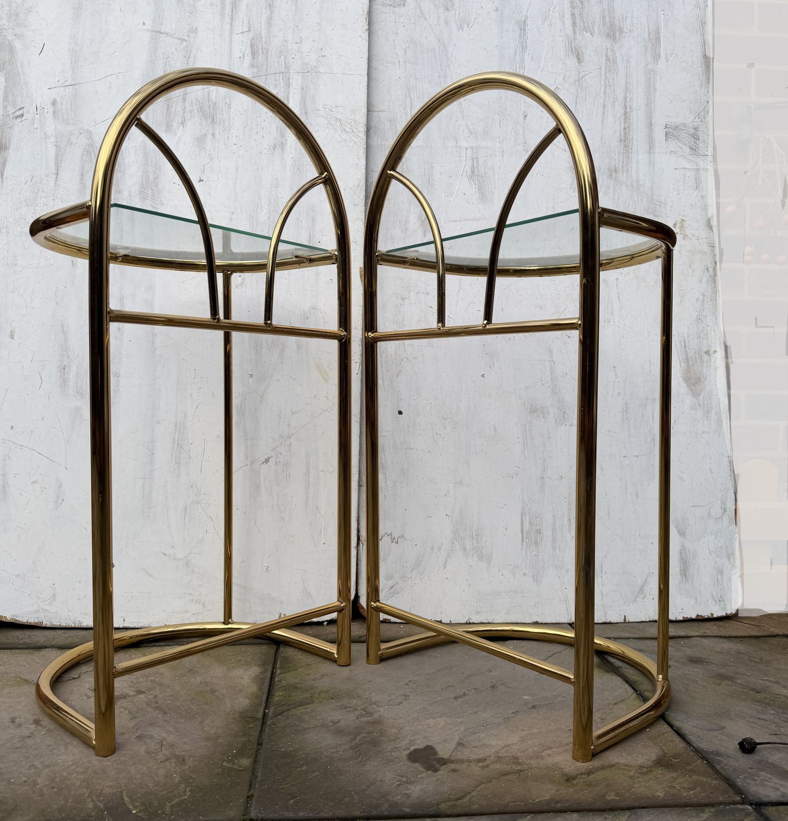 Elegant Pair Of 80s Art Deco Brass & Glass Top Bedside / Side Tables   Great Condition photo vintage