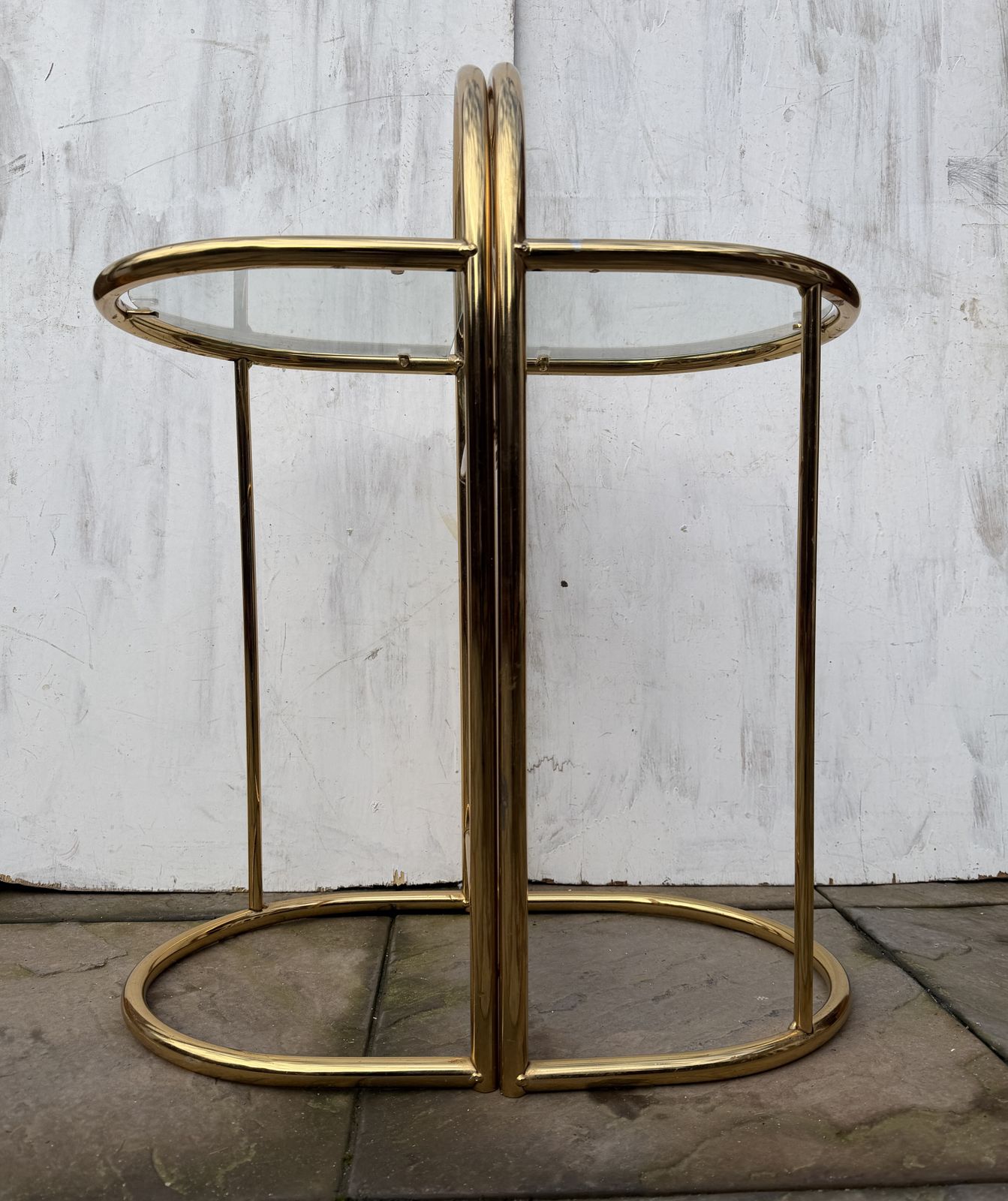 photo furniture Elegant Pair Of 80s Art Deco Brass & Glass Top Bedside / Side Tables   Great Condition