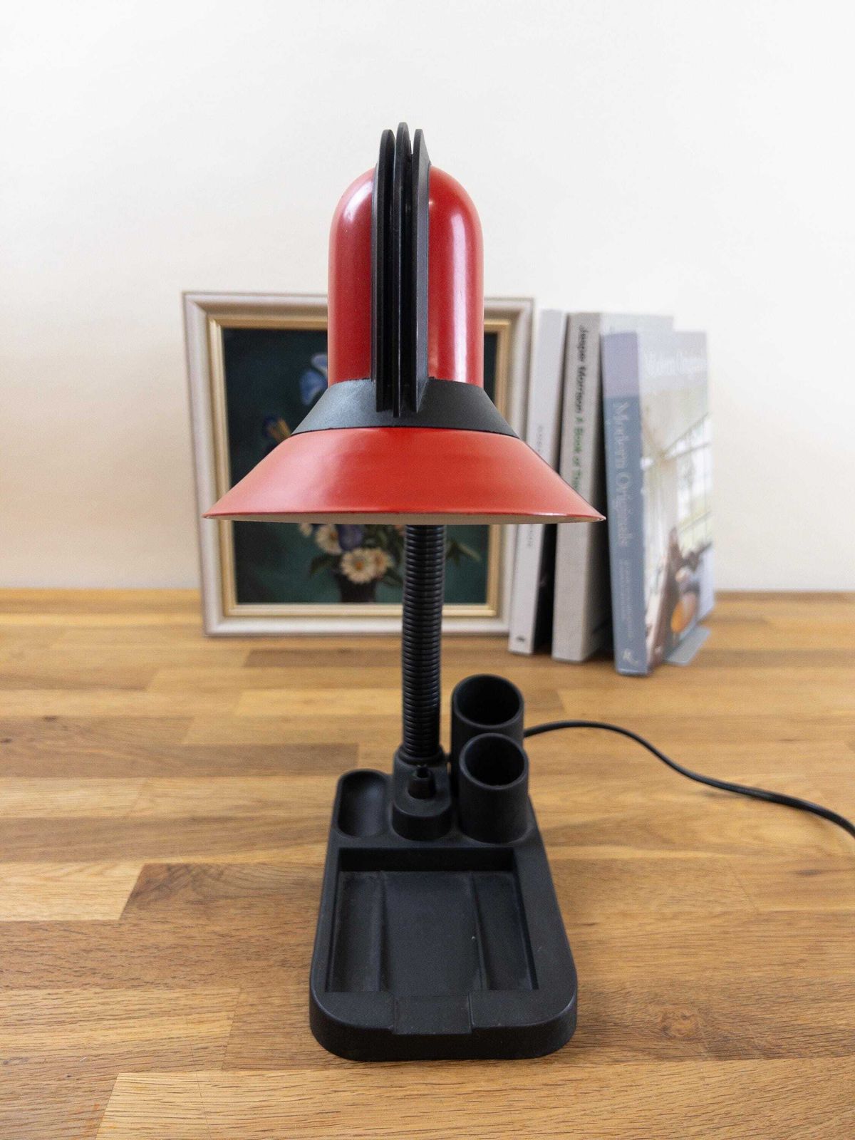 Vintage Red Desk Lamp With Organizer   1980s Spanish Design By Vase photo vinterior