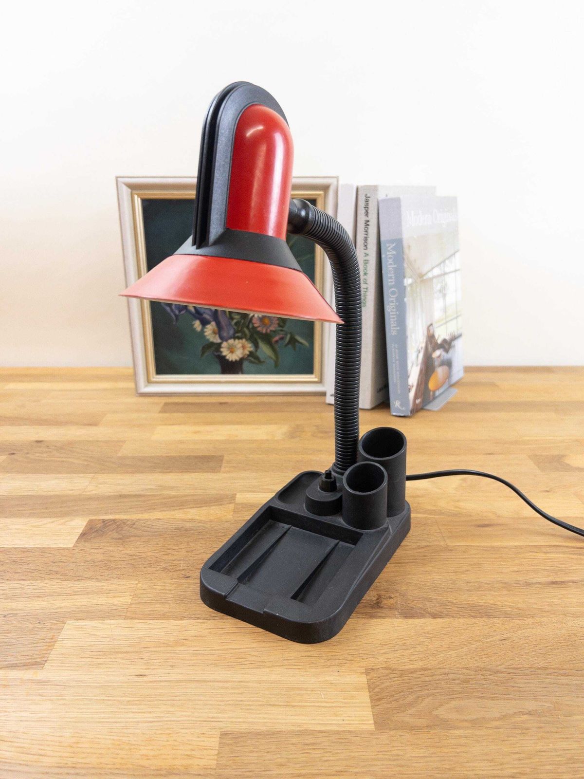 Vintage Red Desk Lamp With Organizer   1980s Spanish Design By Vase photo vintage