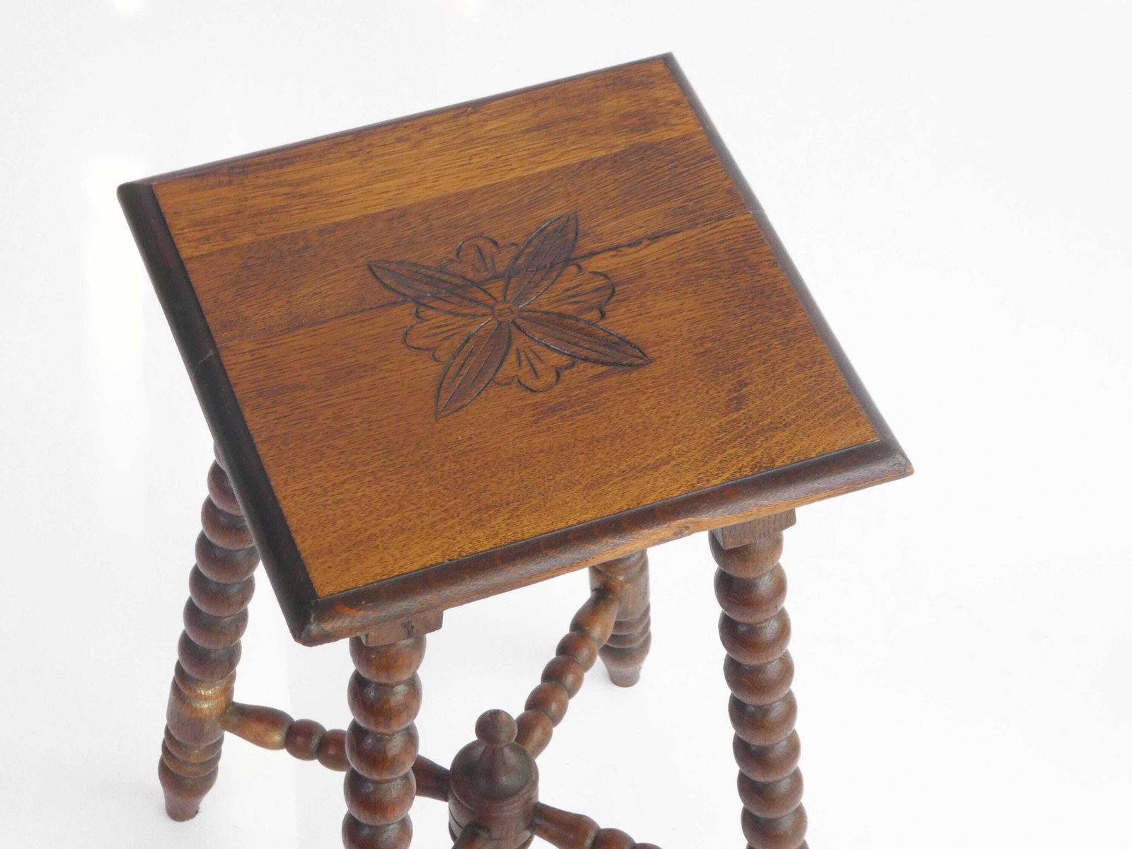 Antique Wooden Bobbin Carved Stool, Rectangular Small Floral Plant Stand photo for sale