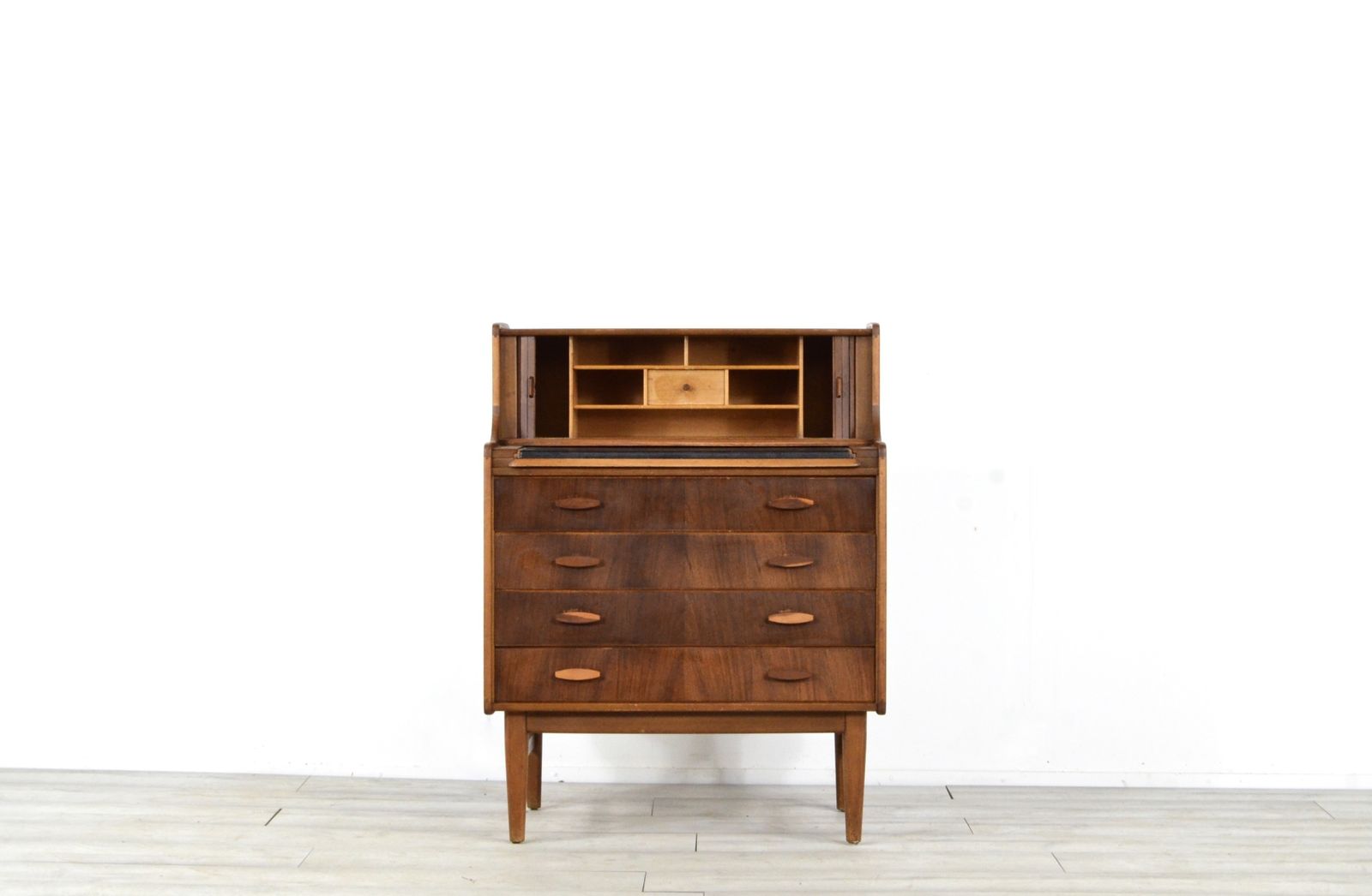 Vintage Midcentury Teak And Walnut Desk Bureau With Tambour Doors By Welters Of Wycombe photo 849.0