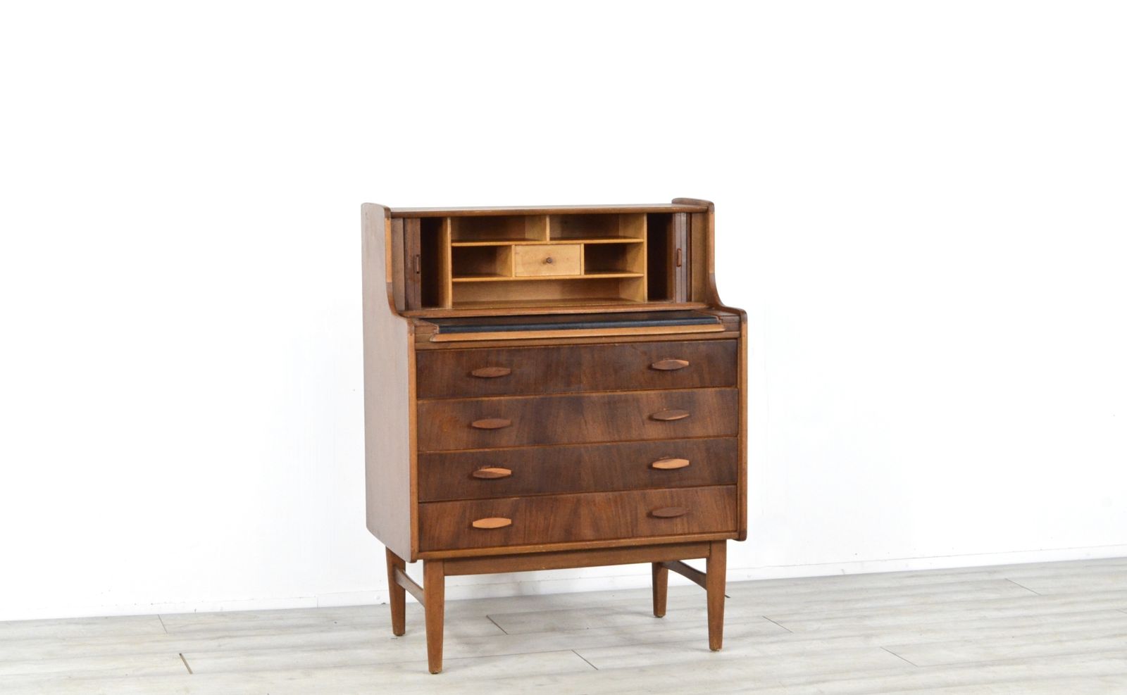 849.0 Vintage Midcentury Teak And Walnut Desk Bureau With Tambour Doors By Welters Of Wycombe photo