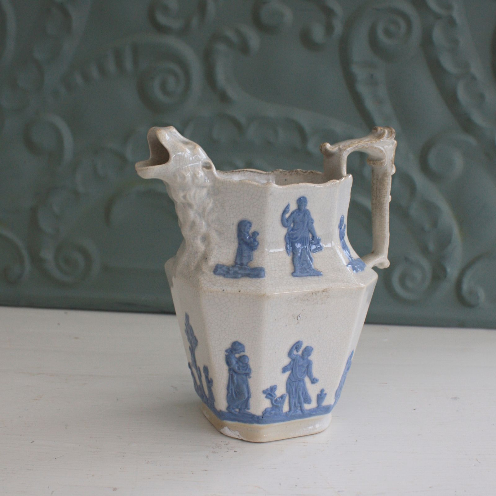Antique Staffordshire Porcelain Pitcher Blue On White With Lion Head Spout photo Home Decor