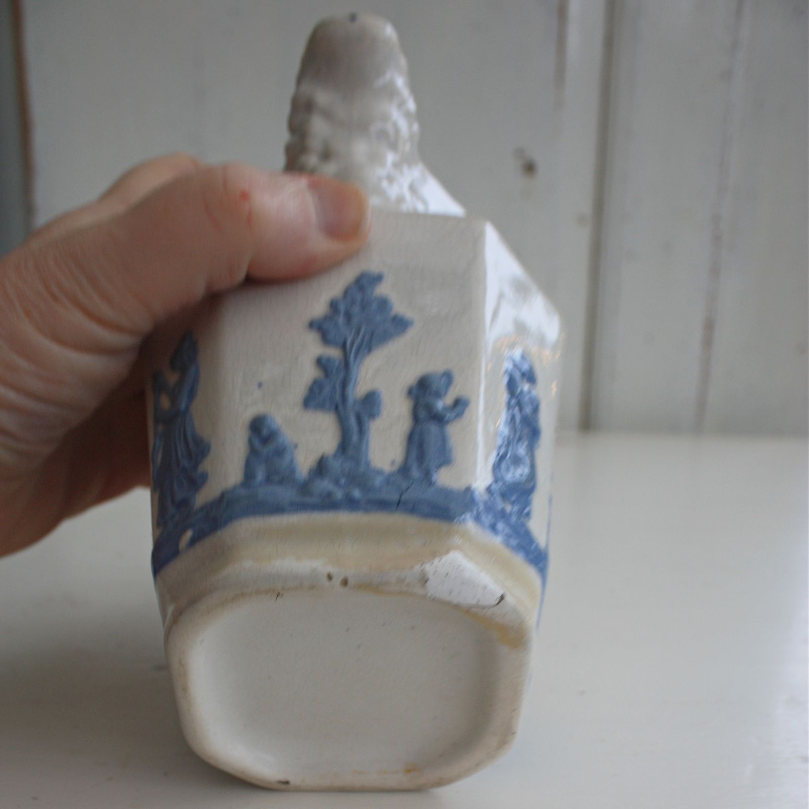 photo furniture Antique Staffordshire Porcelain Pitcher Blue On White With Lion Head Spout