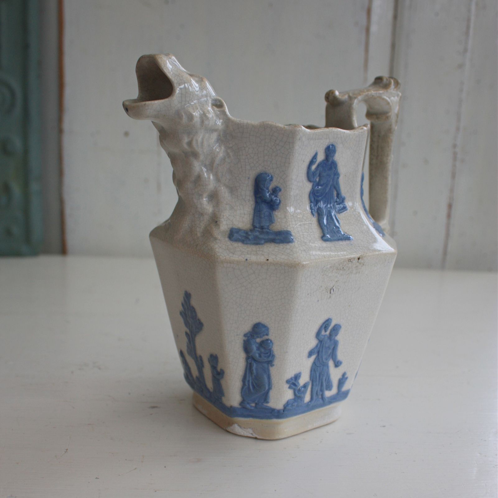photo for sale Antique Staffordshire Porcelain Pitcher Blue On White With Lion Head Spout