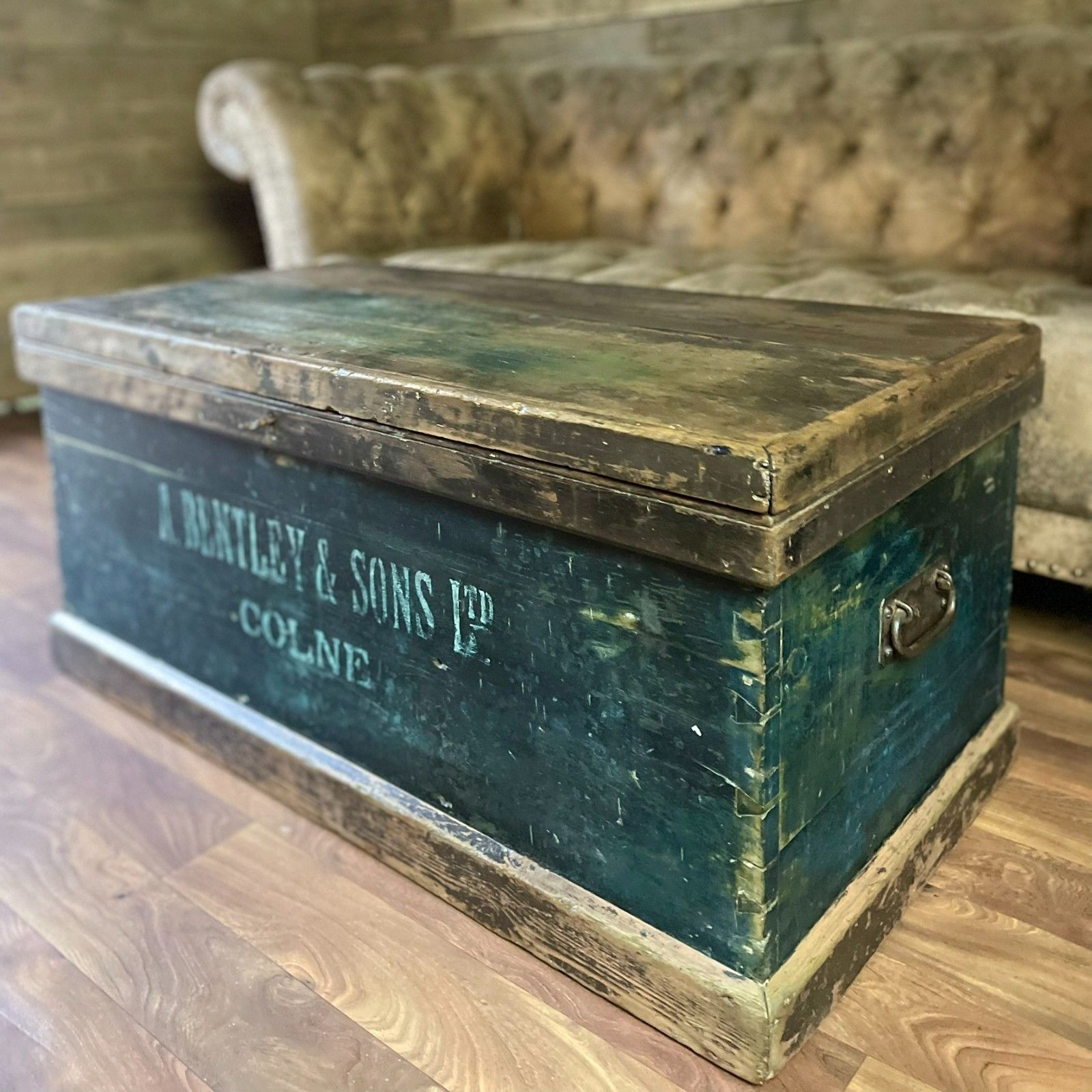 Antique Carpenters Industrial Chest, Large Wooden Storage Trunk & Key photo Furniture