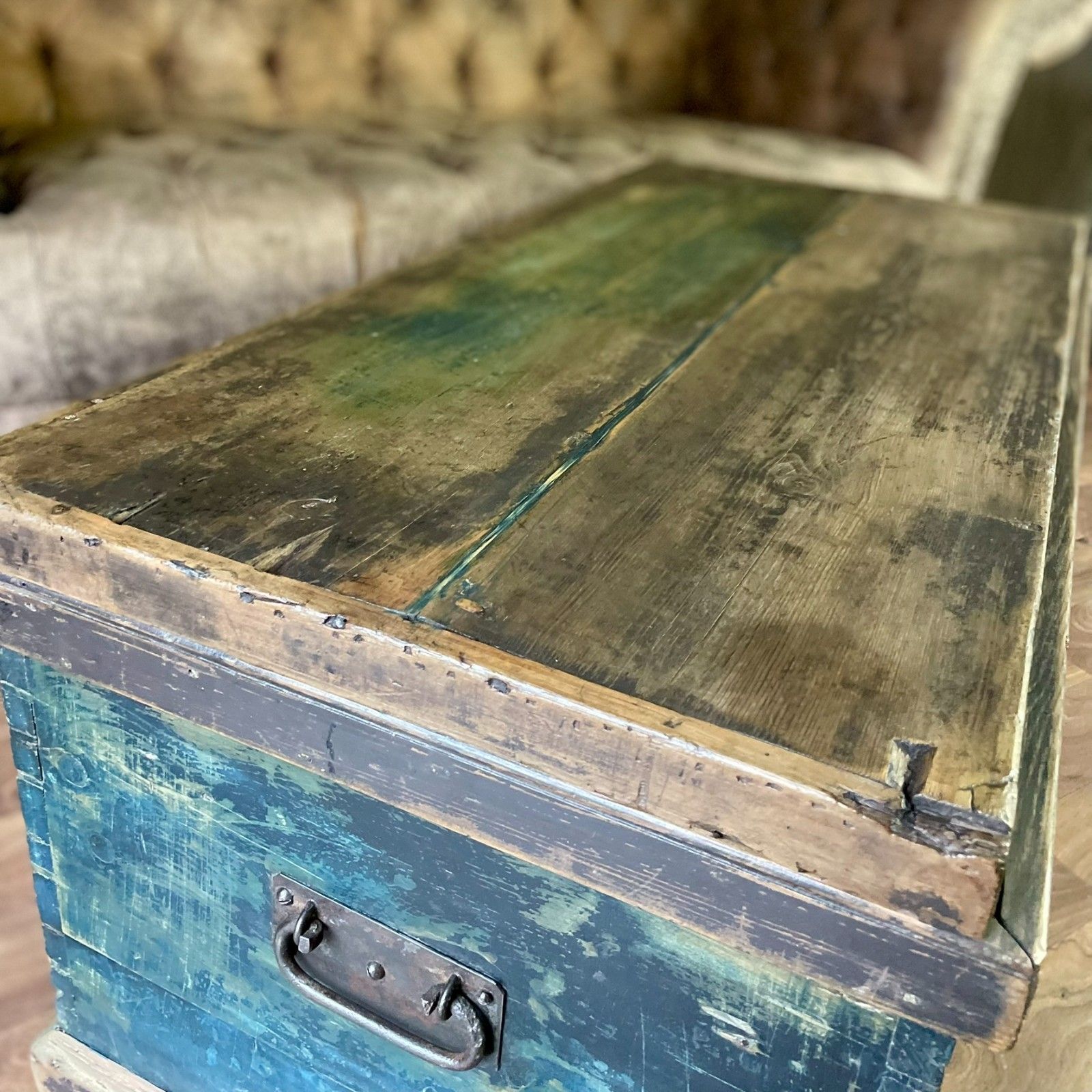 photo furniture Antique Carpenters Industrial Chest, Large Wooden Storage Trunk & Key
