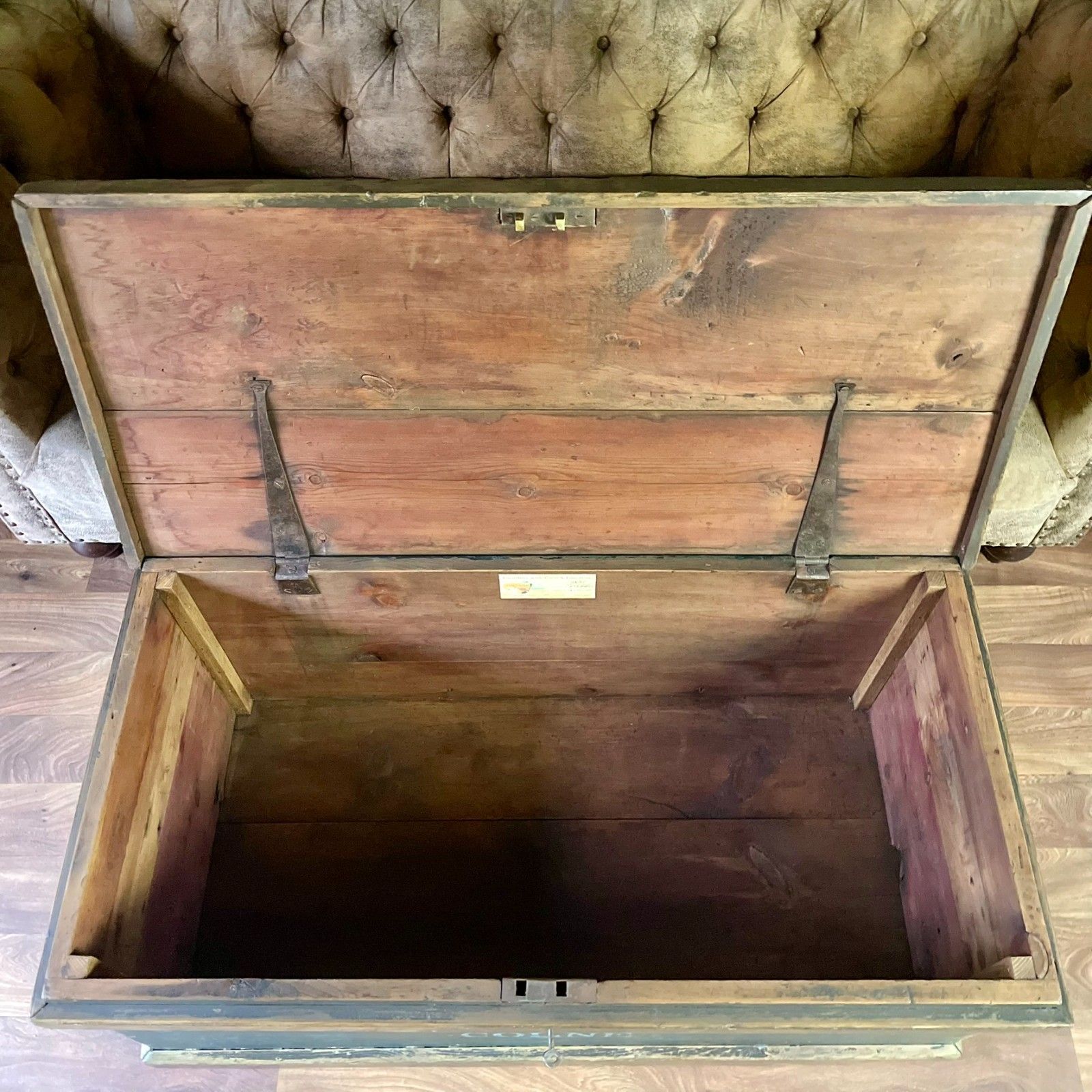 photo for sale Antique Carpenters Industrial Chest, Large Wooden Storage Trunk & Key