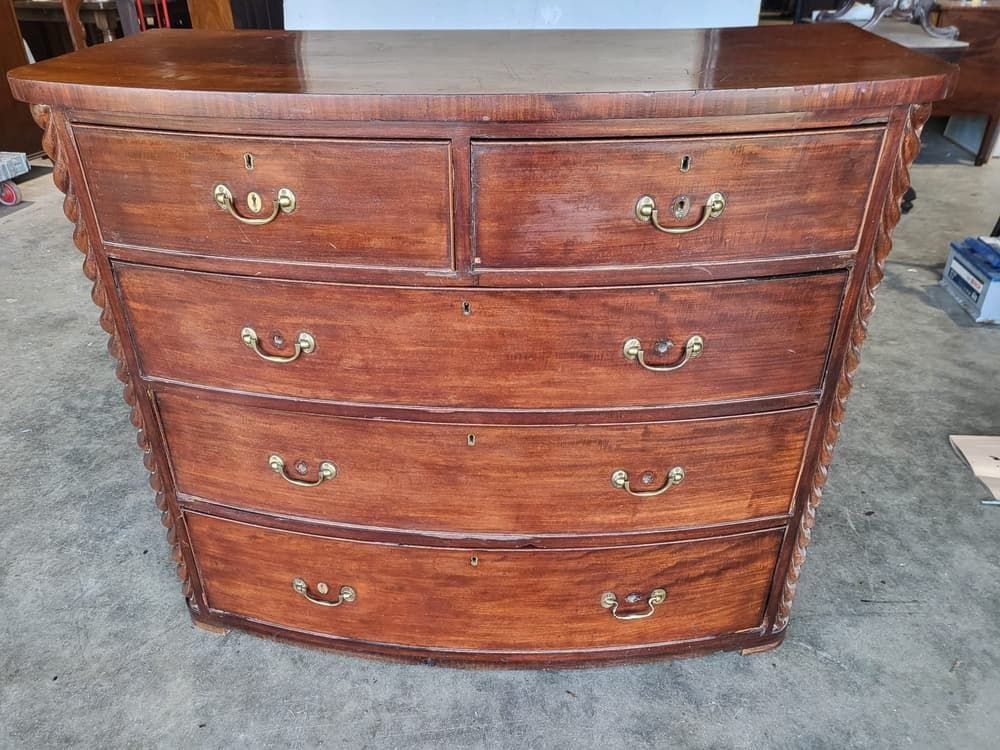 Antique Victorian Bow Front 2 Over 3 Chest Of Drawers Rope Columns