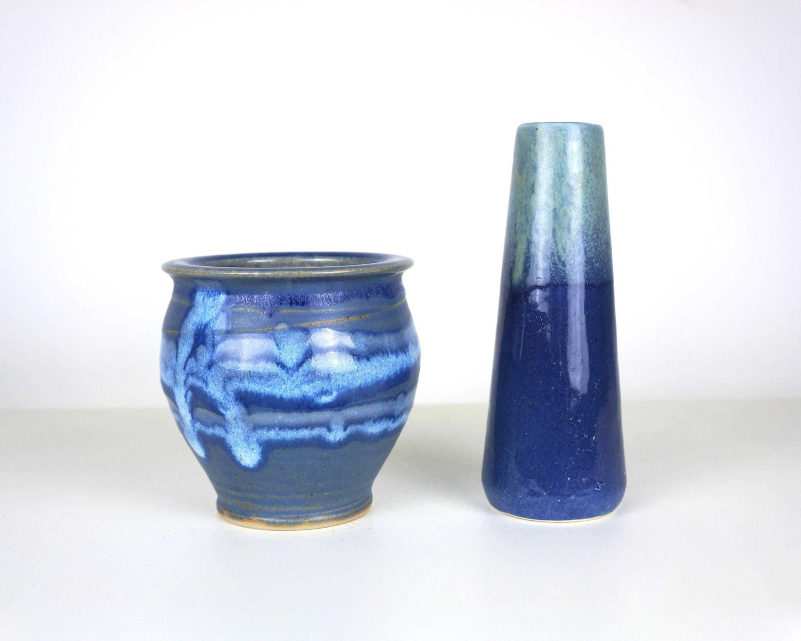 Two Blue Glazed Mid Century Studio Pottery Ceramic Vases