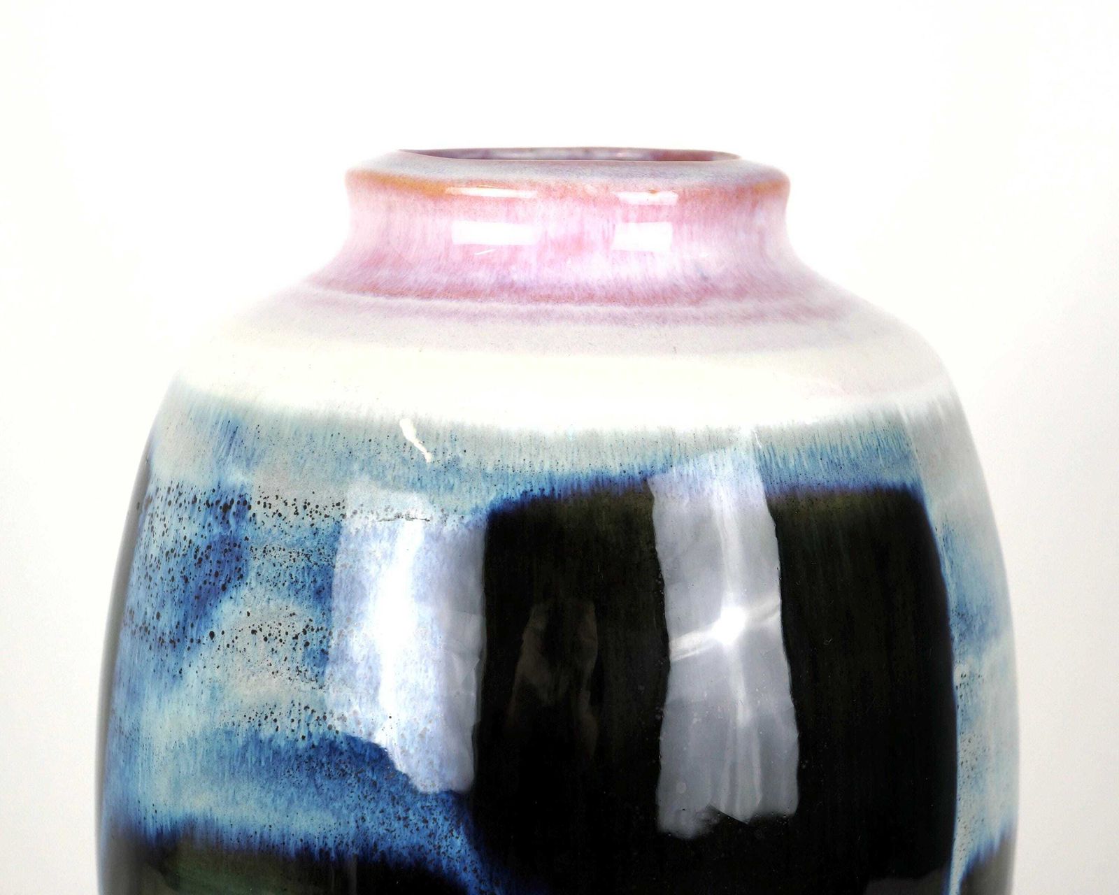 A Mid Century Blue Flambe Glazed Pottery Vase With Pink Rim photo Home Decor