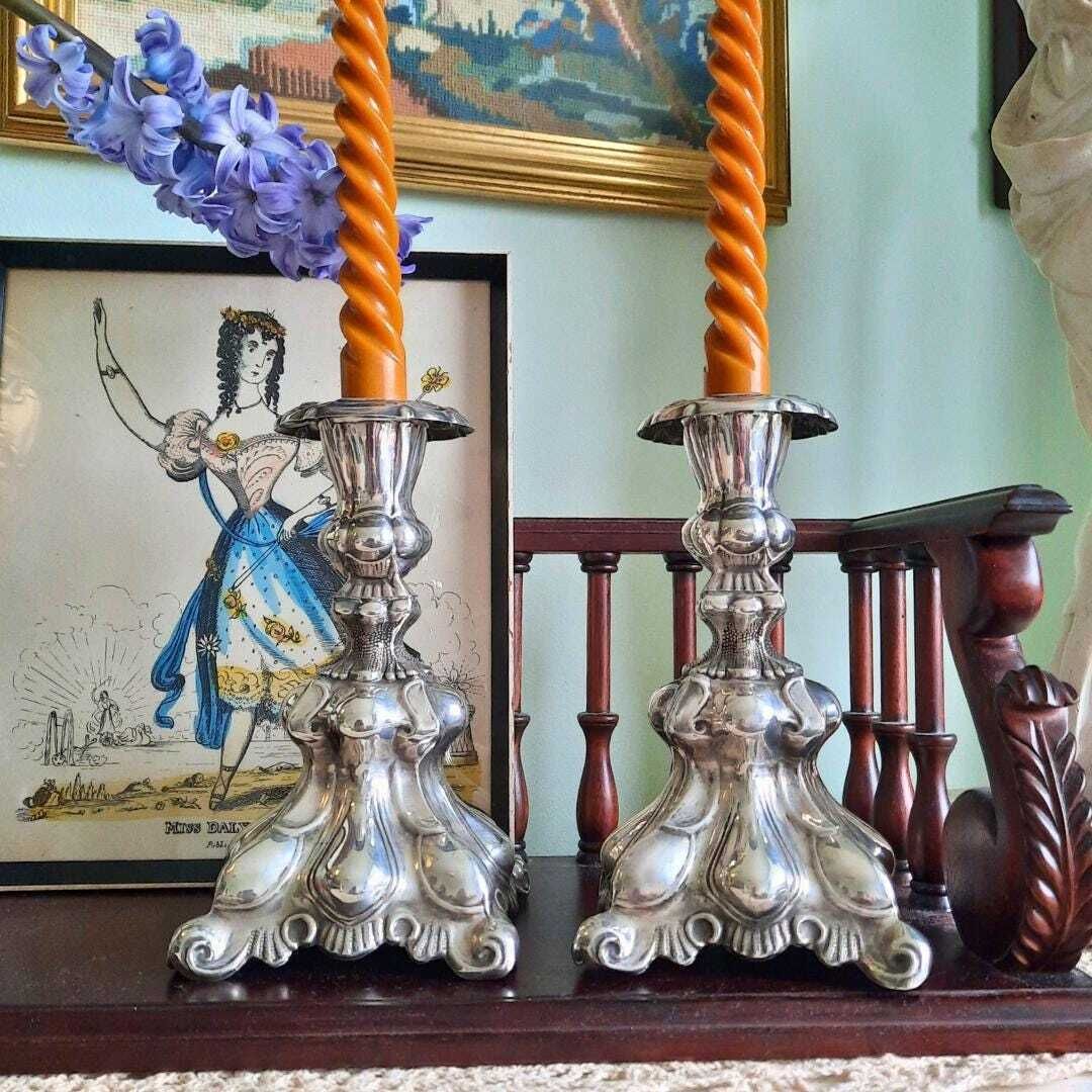 Antique Scandinavian Baroque Nickel Silver Candlestick Holders Pair Marked Prima Ns Alp Made In Sweden Early 1900's.