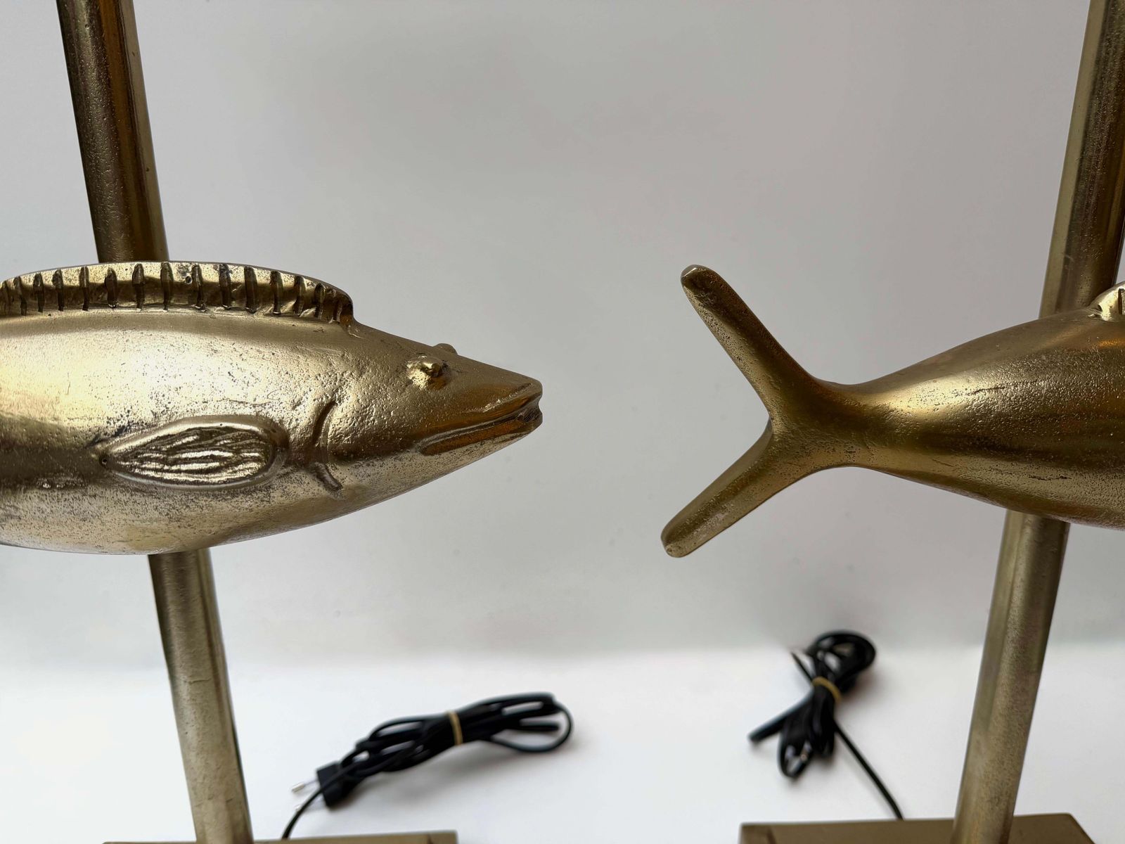 Pair Of Fish Lamps Gilt Metal. France, 1990s photo Lighting