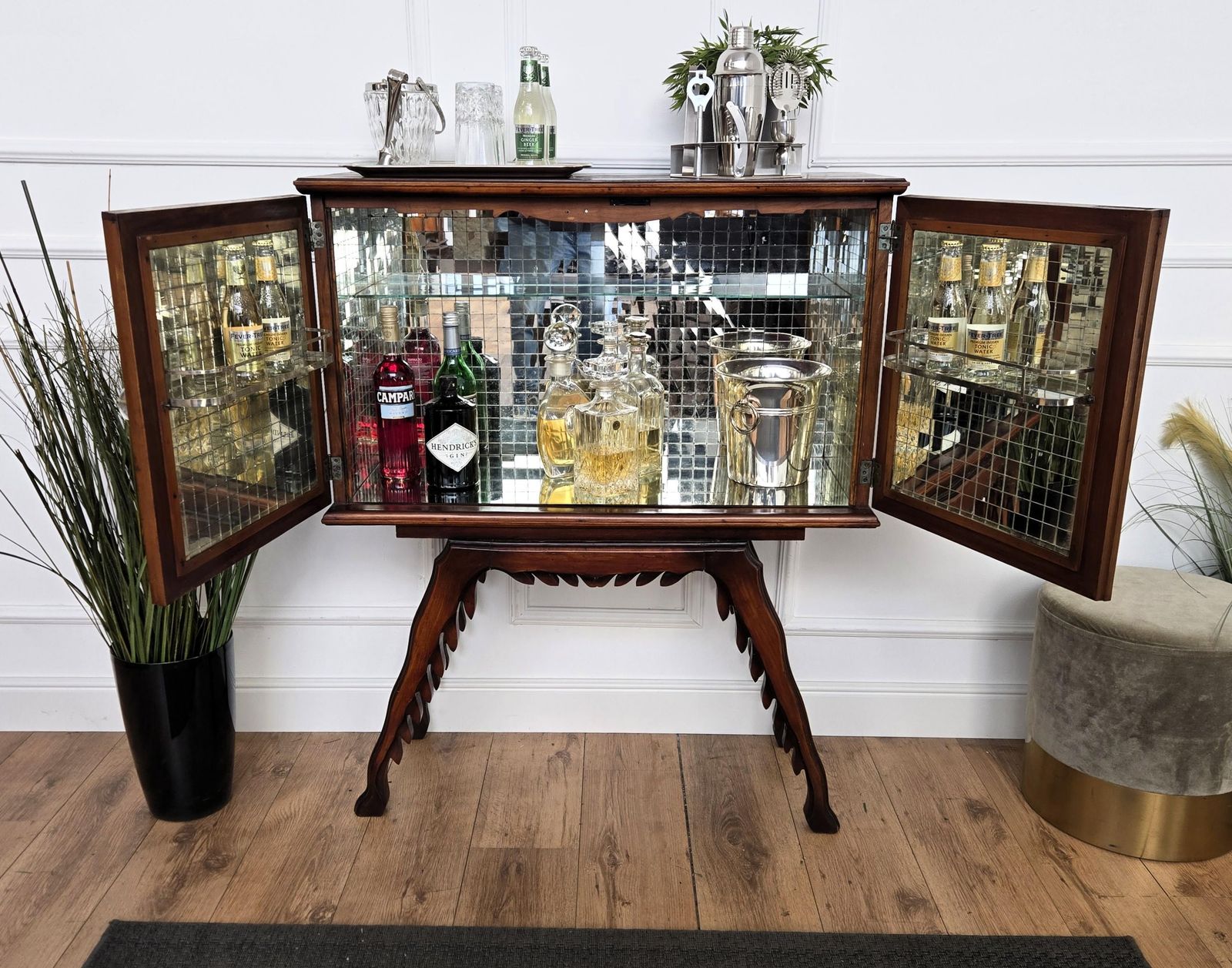 1950s Art Deco Midcentury Italian Walnut Mirror Mosaic Sideboard Bar Cabinet photo for sale