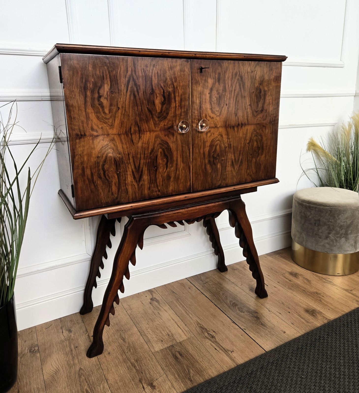 1950s Art Deco Midcentury Italian Walnut Mirror Mosaic Sideboard Bar Cabinet photo vintage