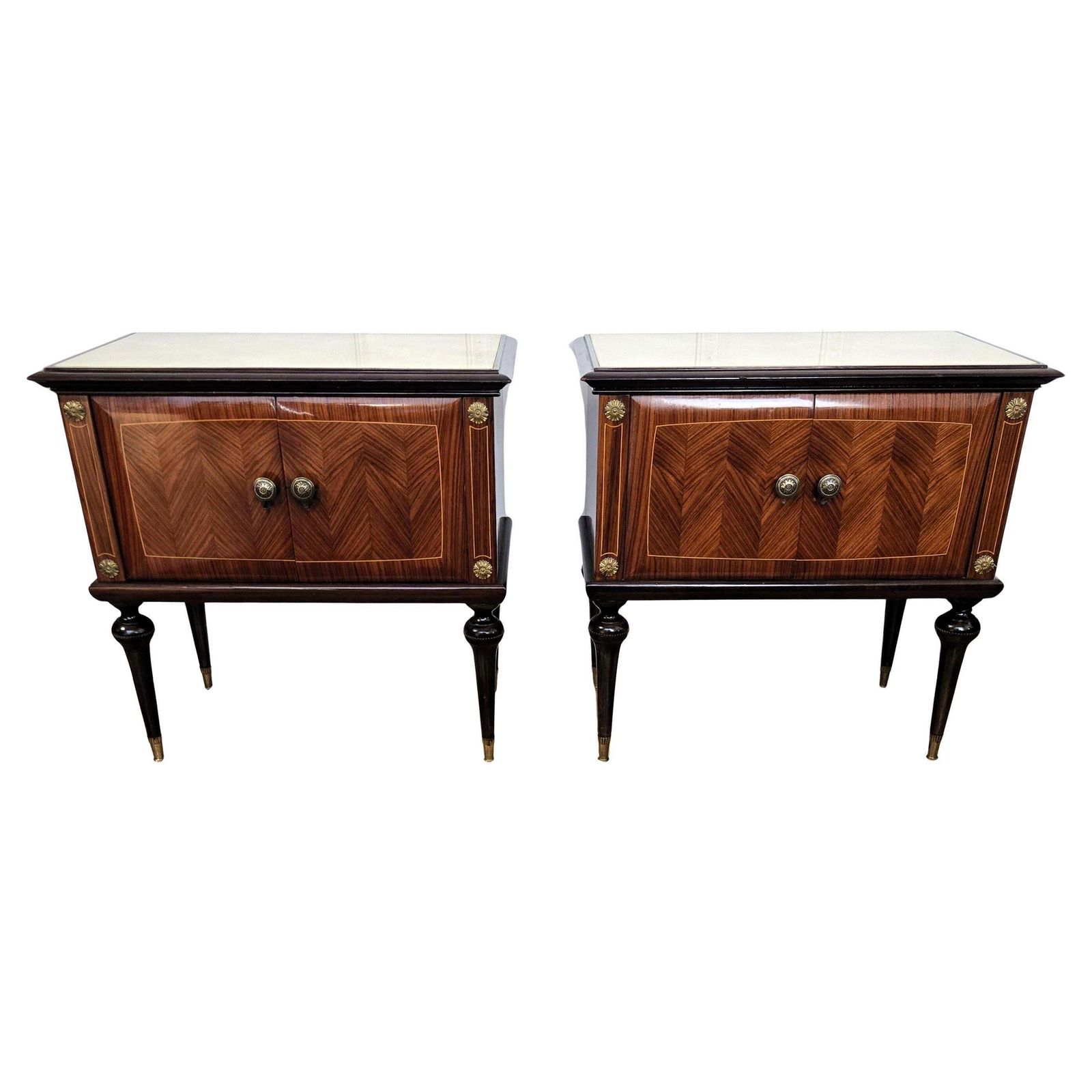 Pair Of Mid Century Italian Art Deco Nightstands Bedside Tables Walnut Glass Top
