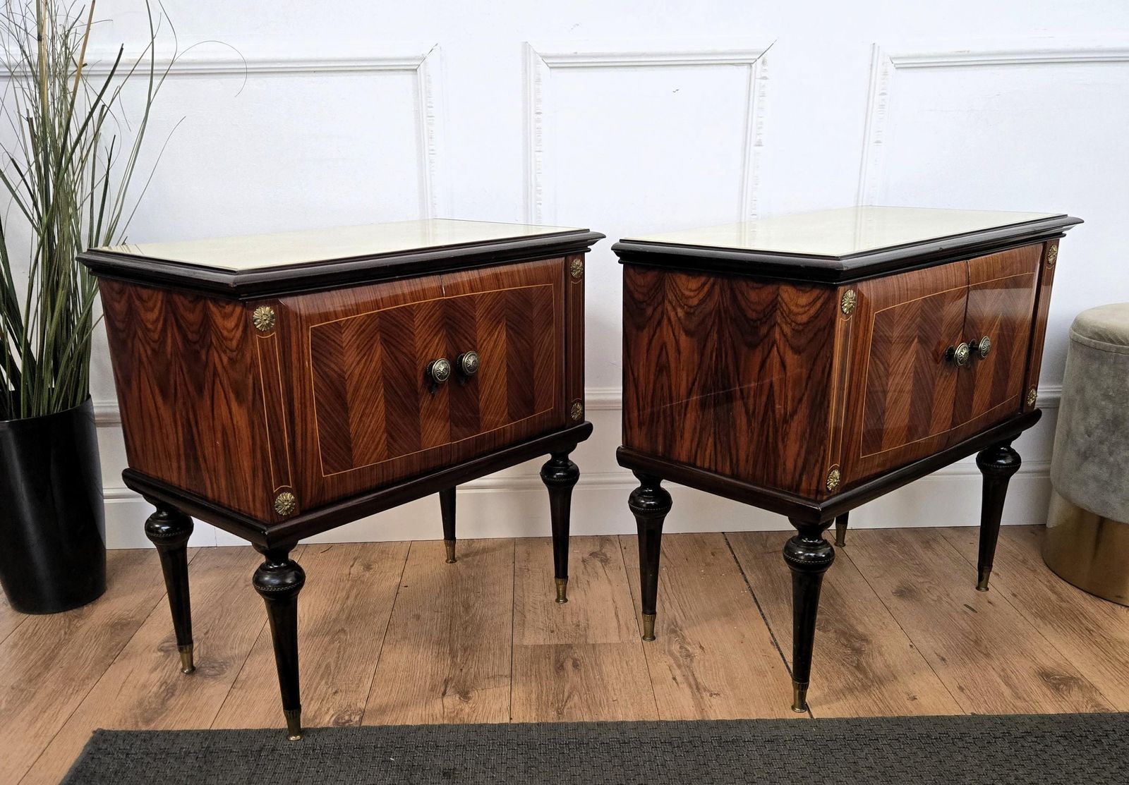 Pair Of Mid Century Italian Art Deco Nightstands Bedside Tables Walnut Glass Top photo buy