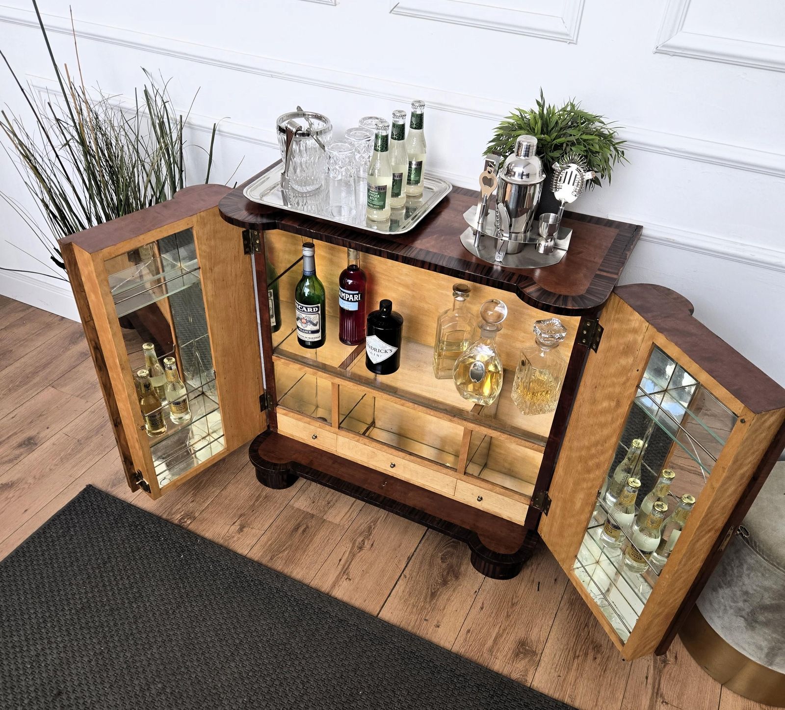 1950s Art Deco Mid Century Modern Italian Walnut Burl Glass Top Dry Bar Cabinet photo 2173.0