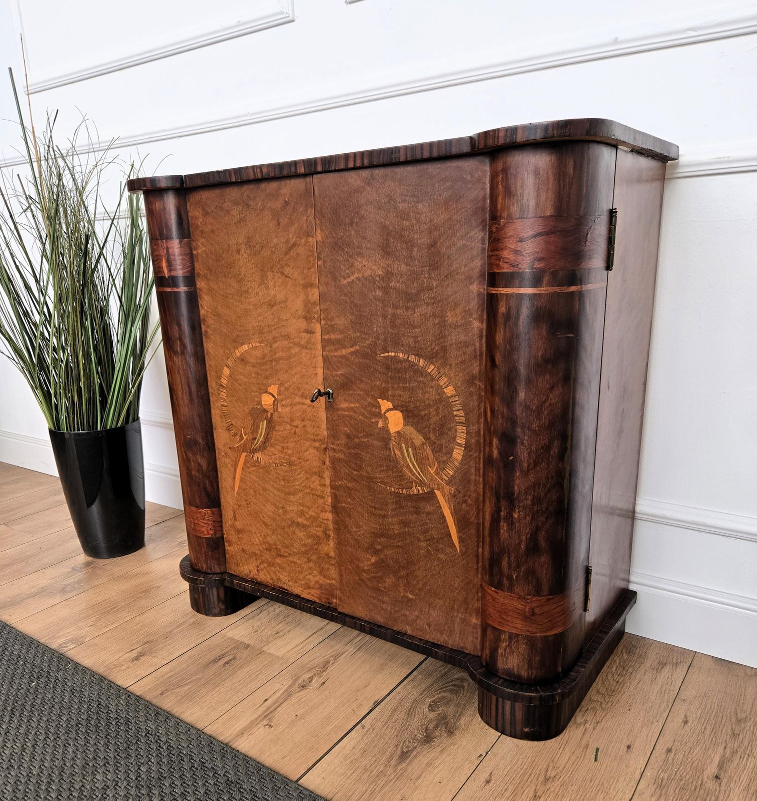 1950s Art Deco Mid Century Modern Italian Walnut Burl Glass Top Dry Bar Cabinet photo vintage