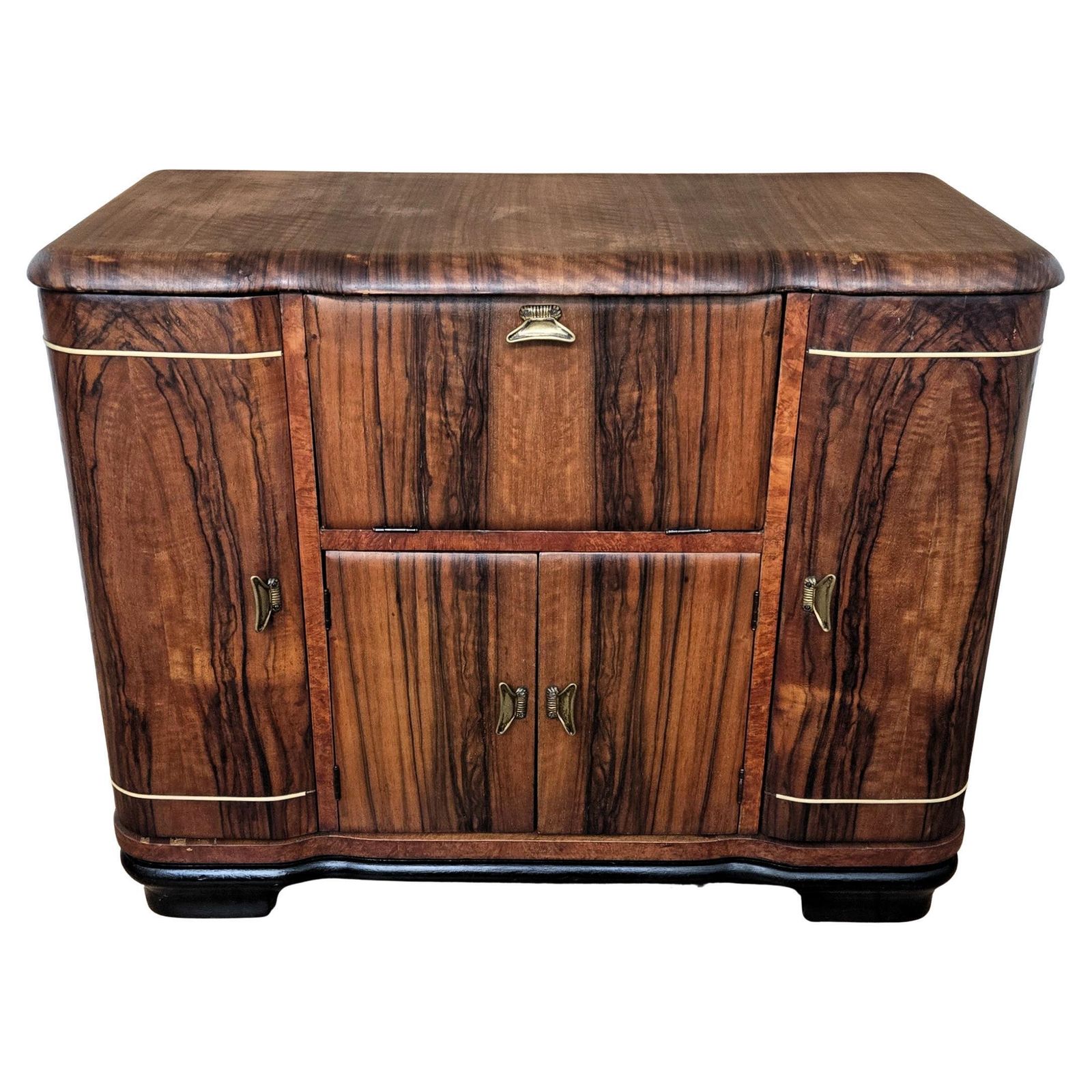 1960s Art Deco Mid Century Italian Walnut Burl And Mirror Mosaic Dry Bar Cabinet