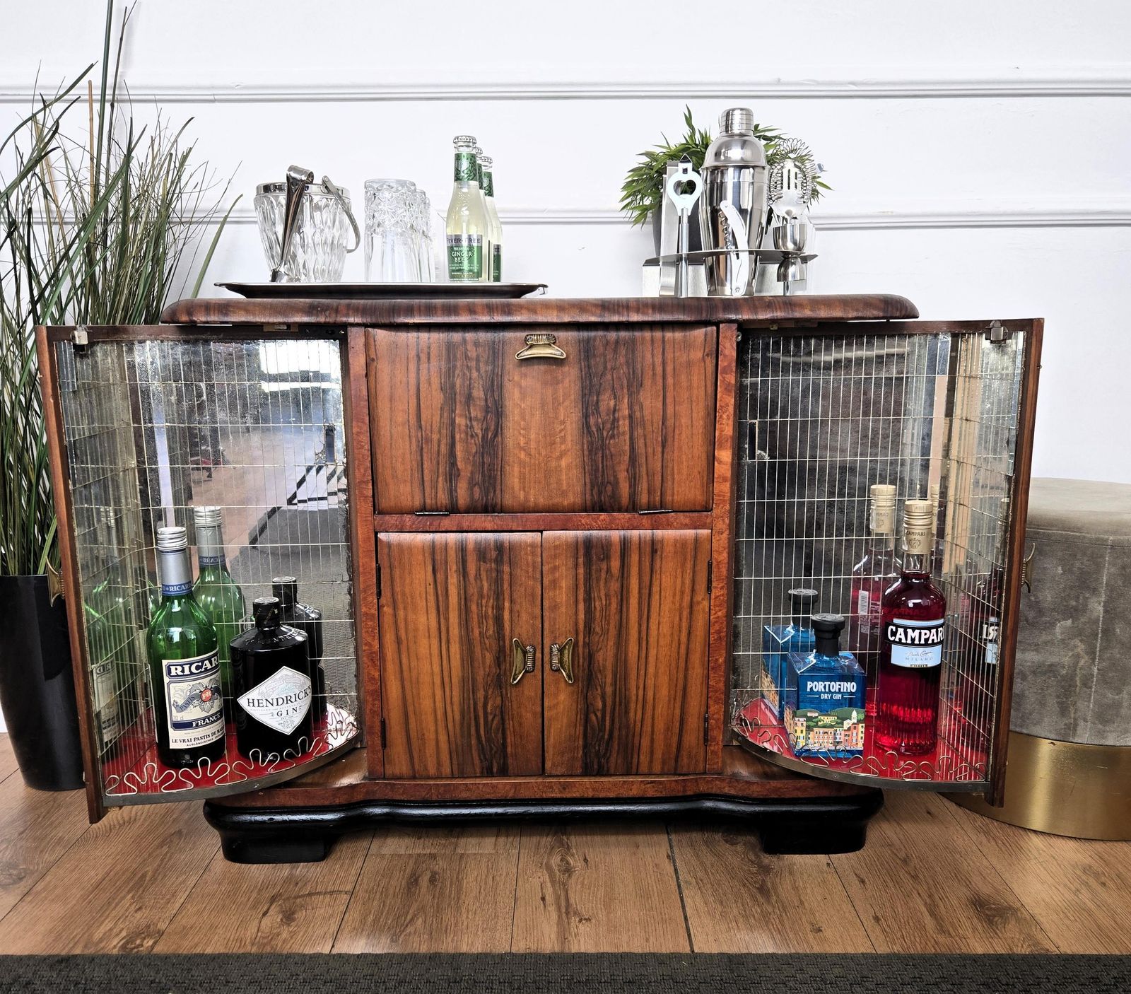 1960s Art Deco Mid Century Italian Walnut Burl And Mirror Mosaic Dry Bar Cabinet photo for sale
