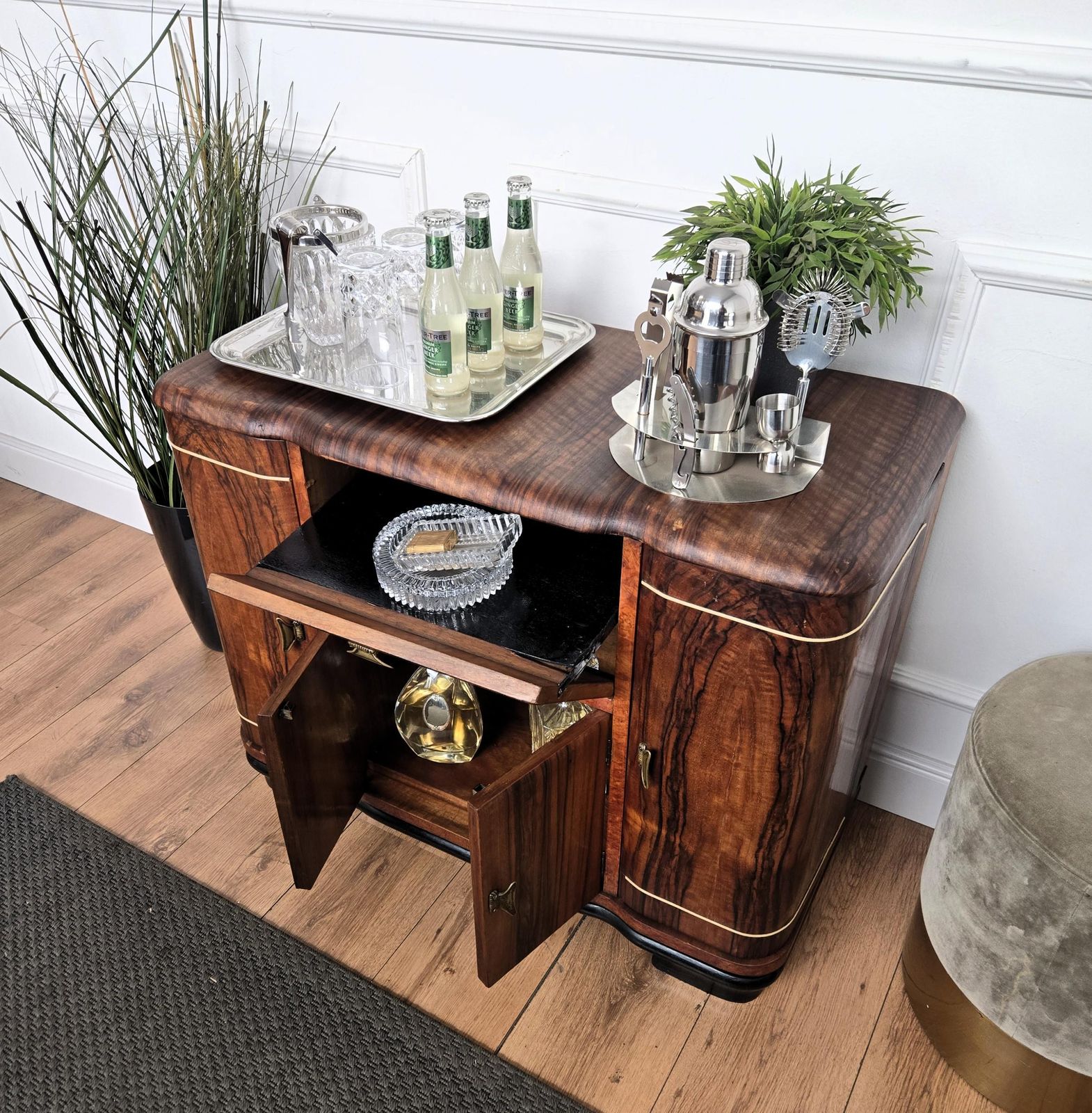 1960s Art Deco Mid Century Italian Walnut Burl And Mirror Mosaic Dry Bar Cabinet photo Furniture