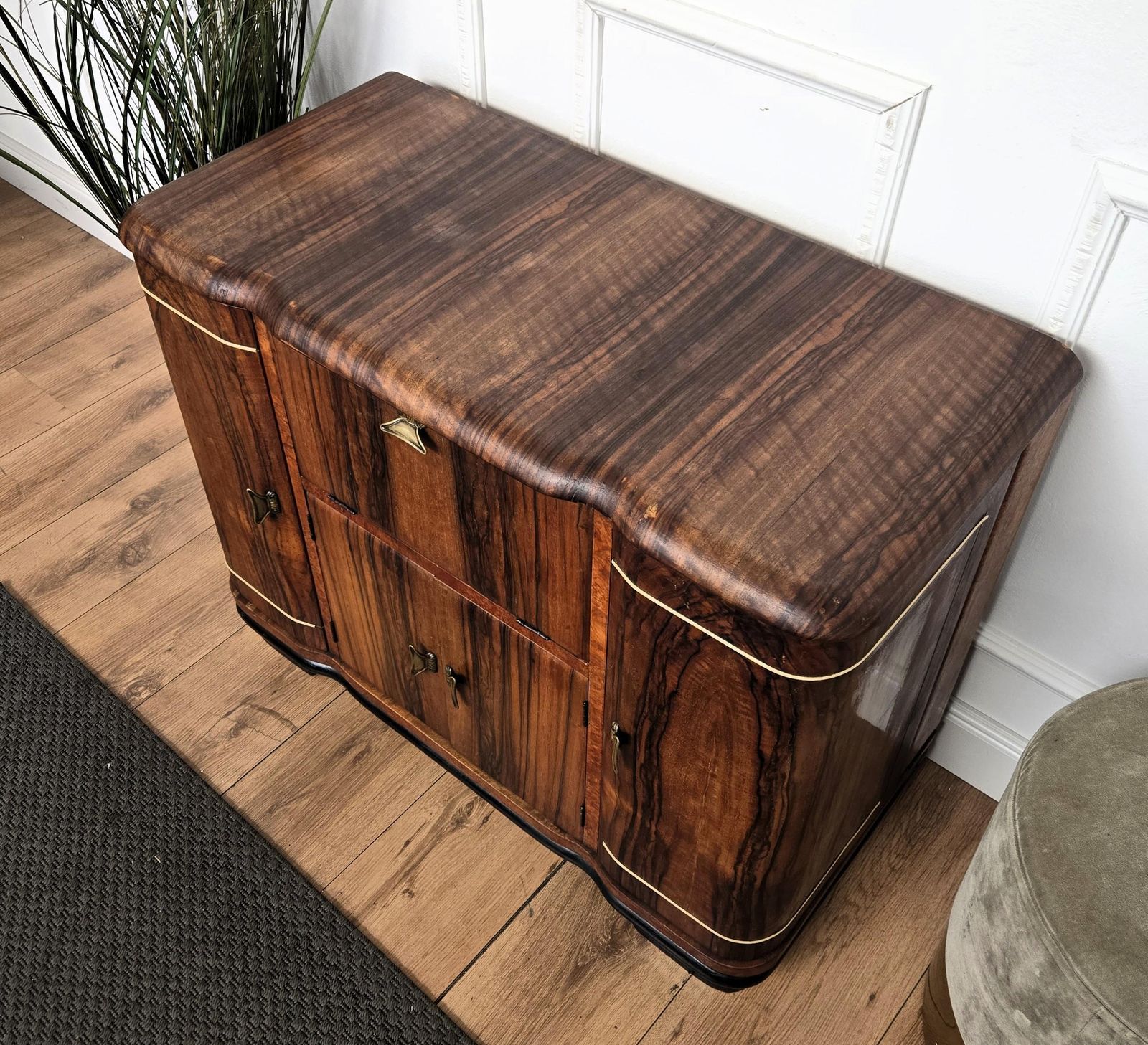 photo furniture 1960s Art Deco Mid Century Italian Walnut Burl And Mirror Mosaic Dry Bar Cabinet