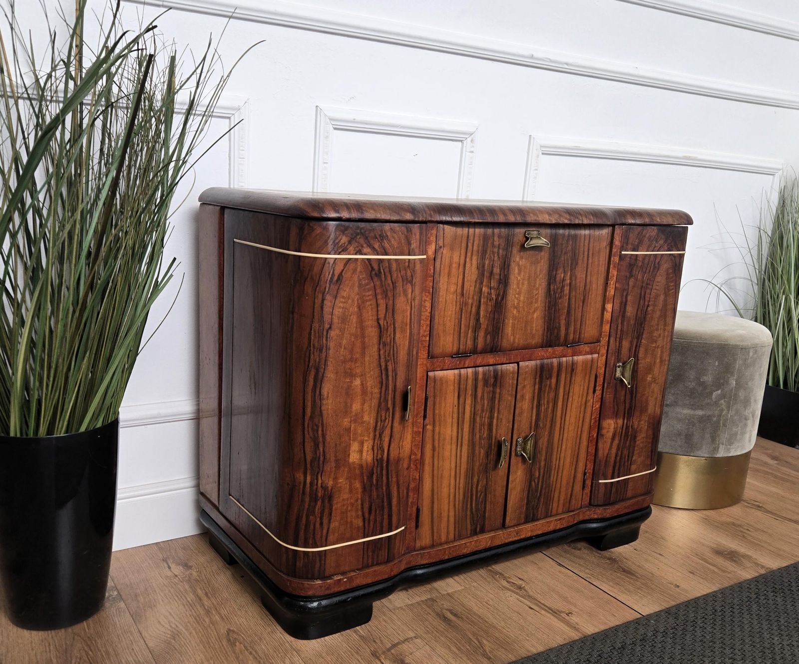 photo for sale 1960s Art Deco Mid Century Italian Walnut Burl And Mirror Mosaic Dry Bar Cabinet