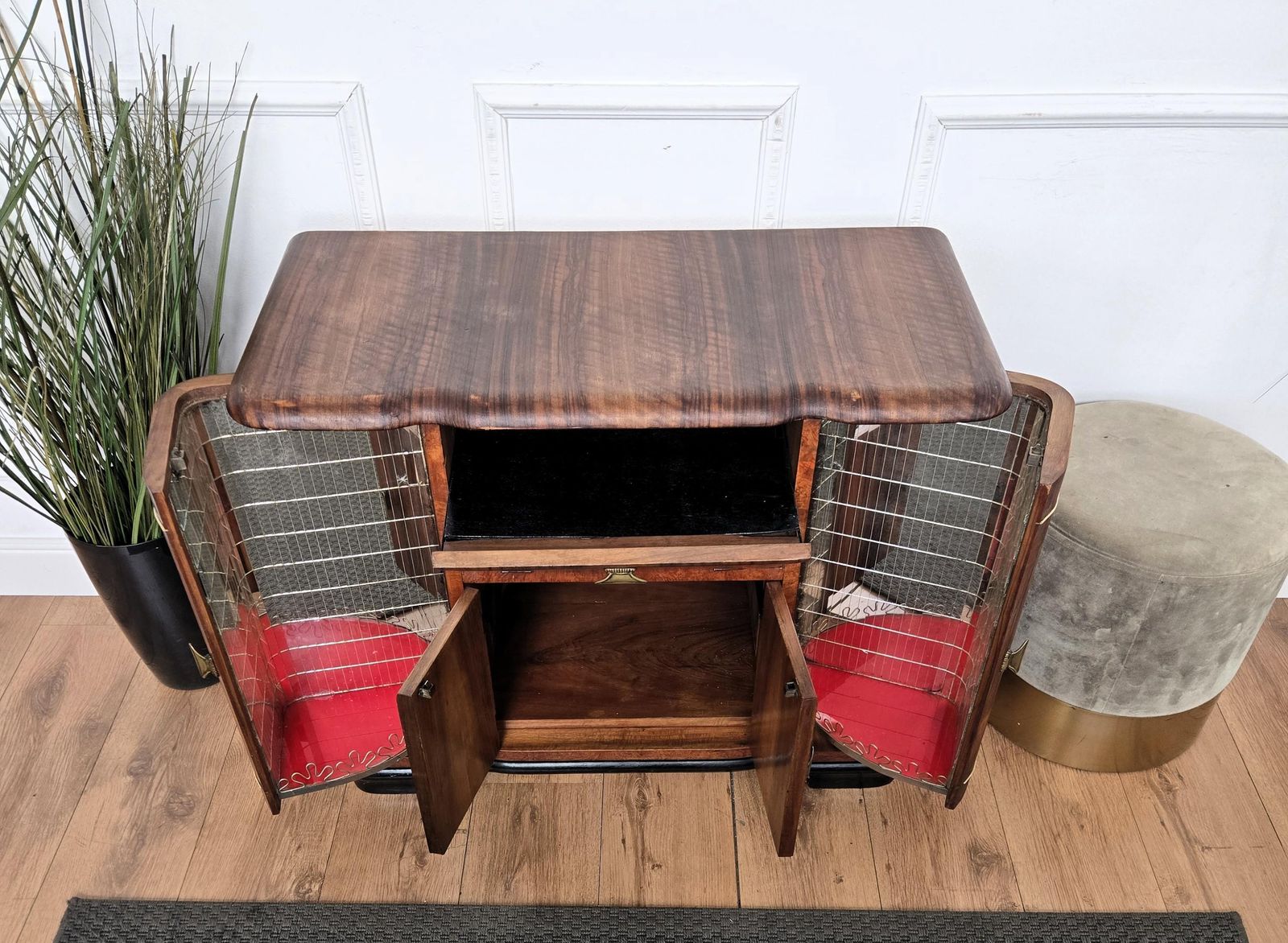 Furniture 1960s Art Deco Mid Century Italian Walnut Burl And Mirror Mosaic Dry Bar Cabinet photo