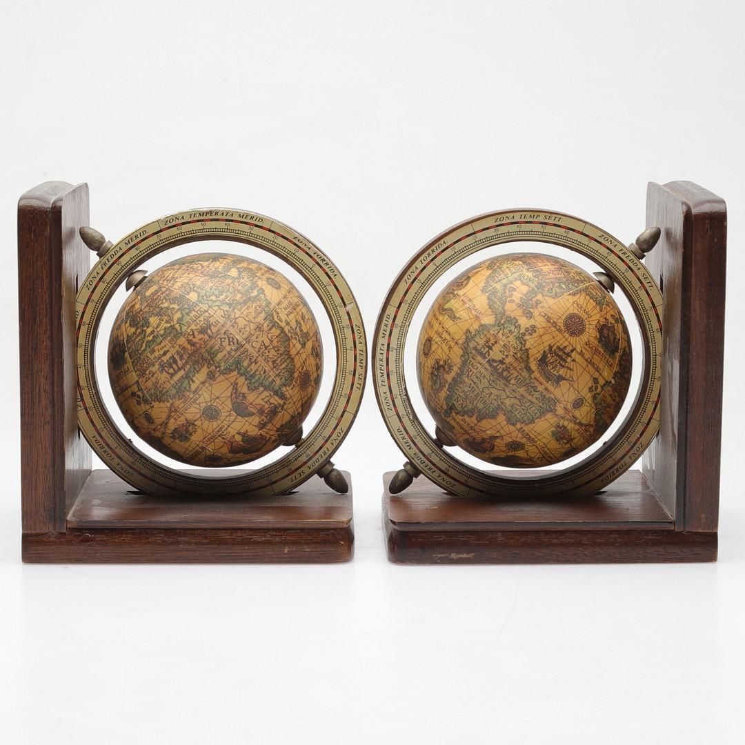Midcentury Wooden Bookends World Globe photo 350.0