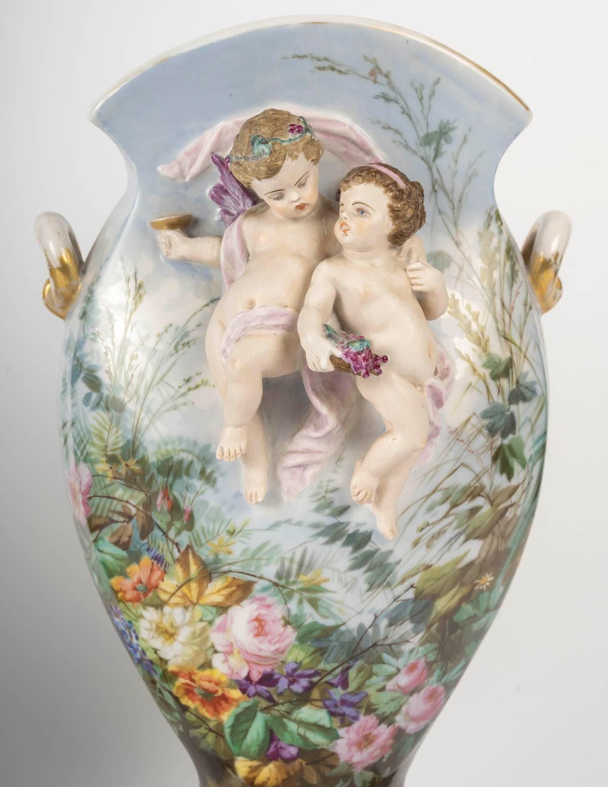 Pair Of Paris Porcelain Vases, 19th Century, Napoleon III Period. photo for sale