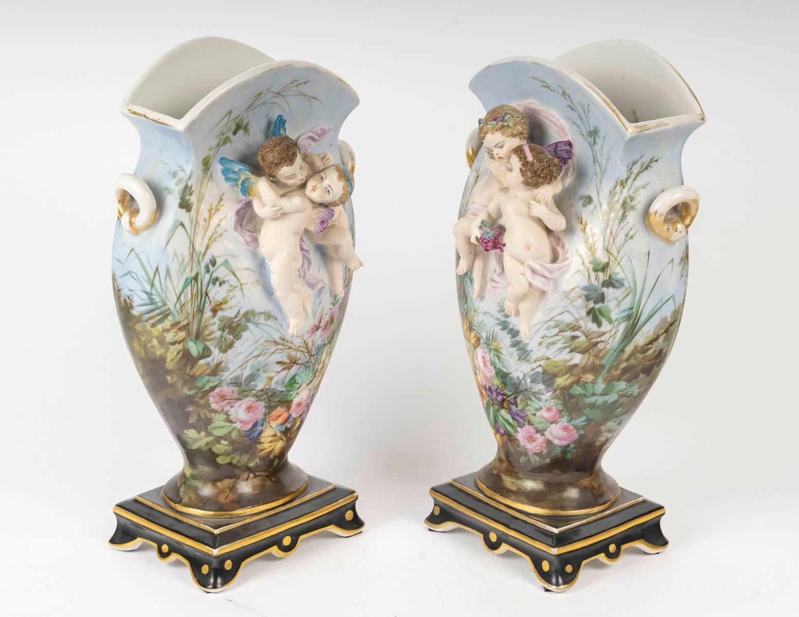 Pair Of Paris Porcelain Vases, 19th Century, Napoleon III Period. photo Home Decor